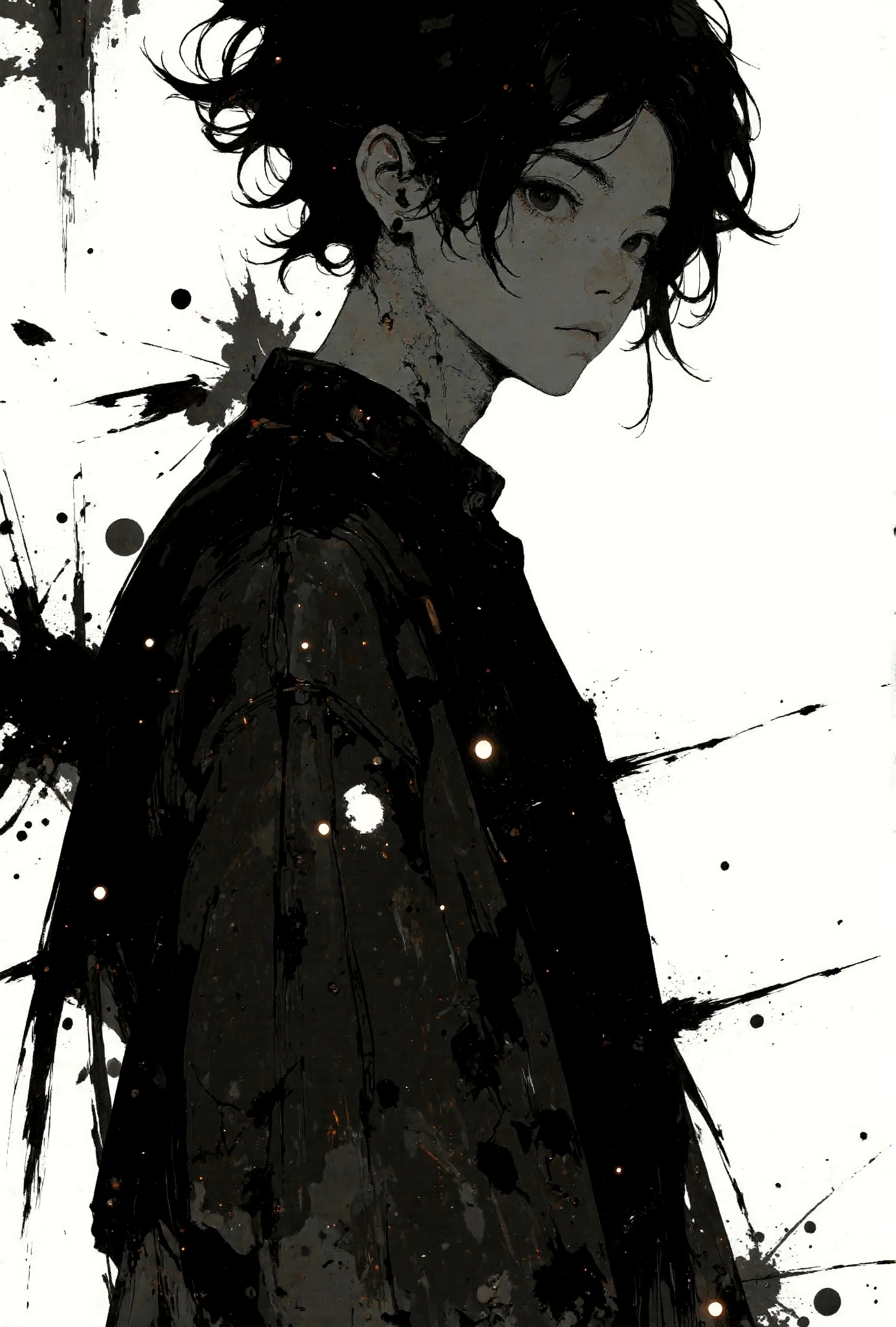 A dramatic black-and-white anime-style illustration featuring a male figure with short, messy black hair. The figure is positioned slightly off-center to the right, depicted in a minimalist, abstract setting. His posture is upright, with his head tilted slightly downward, while his face is partially obscured by shadows and abstract black strokes. His expression is calm and introspective, with his partially visible eyes conveying a subtle tension.
He is wearing a plain, dark, long-sleeved shirt with no visible patterns or textures. The background consists of abstract, scattered black lines and smudges, creating a stark and high-contrast visual effect. The lighting emphasizes sharp contrasts, with a cold and dramatic atmosphere. The overall composition conveys a sense of isolation and introspection, blending realism with abstract elements.
<lora:Anime v1.3:1.2> <lora:Blue_Future:0.9> <lora:Ethereal_Brush_Anime_v1.0:0.6> <lora:It's a LoRA for portraits, BUT! actually specialized in backgrounds. v1.0:0.2> <lora:Dark_and_sentimental:0.7>