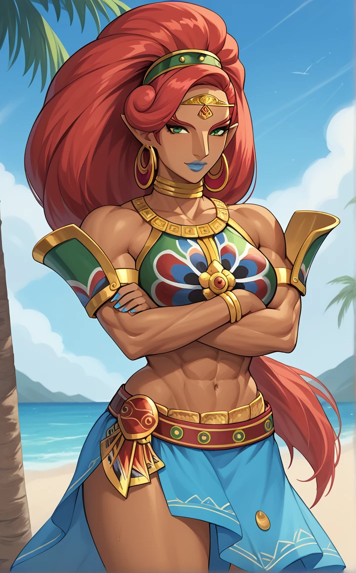 score_9, score_8_up, score_7_up, absurdres, 1girl, bare tree, branch, breast hold, crossed arms, day, outdoors, palm tree, stomach, cowboy shot, blue sky, cloud, blurry background, legs together, closed mouth, standing, thighs, arm under breasts,<lora:PONYXL_LegendOfZelda_Urbosa_ownwaifu:1>, BREAK MAIN_Urbosa_ownwaifu, 1girl, big hair, jewelry, lipstick, pointy ears, pointy nose, tall female, thick eyebrows, toned, urbosa, very dark skin, dark-skinned female, makeup, blue lips, hair pulled back, hoop earrings, neck ring, circlet, red hair, green eyes, breastplate, shoulder armor, armlet, muscular female, midriff, bracelet, pauldrons, navel, abs, eyeshadow, long nose, bare shoulders, nail polish, blue nails, crop top, high ponytail, obliques, swept bangs, collarbone, hairband, blue skirt, long skirt, large breasts, necklace, narrow waist, colored skin, thick thighs, wide hips, biceps, hair ornament, sarong, thighs, bikini armor, bangle, side slit, eyelashes, choker, afro, gem, green hairband, belt, eyeliner, forehead jewel, gold earrings, arabian clothes, <lora:add-detail-xl:0.15>,