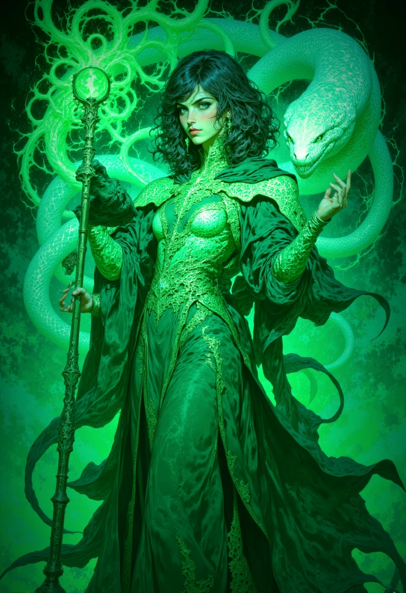 fantasy_art, 1girl, magic user, sexy woman in mage robes holding a staff, green hues, action pose, animal companion, white snake <lora:Colorful_Fantasy_Art_for_FLUX-000013:1>