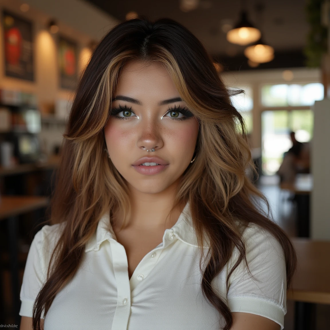 (A cinematic shot of <lora:Angelicat:1> a young woman with a light to medium skin tone. a stunning female model, wavy hair, makeup and mascara. She is wearing a polo shirt, standing in cafe looking at the viewer)