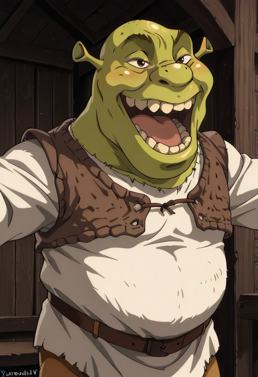 masterpiece, best quality, newest, absurdres, highres,  anime, anime style, vintage anime, 90s anime, YujiroLaughIL-V1.1 smile, teeth, grin, open mouth, laugh, 1boy, shrek, bald, green skin, brown vest, white shirt, brown belt, pants