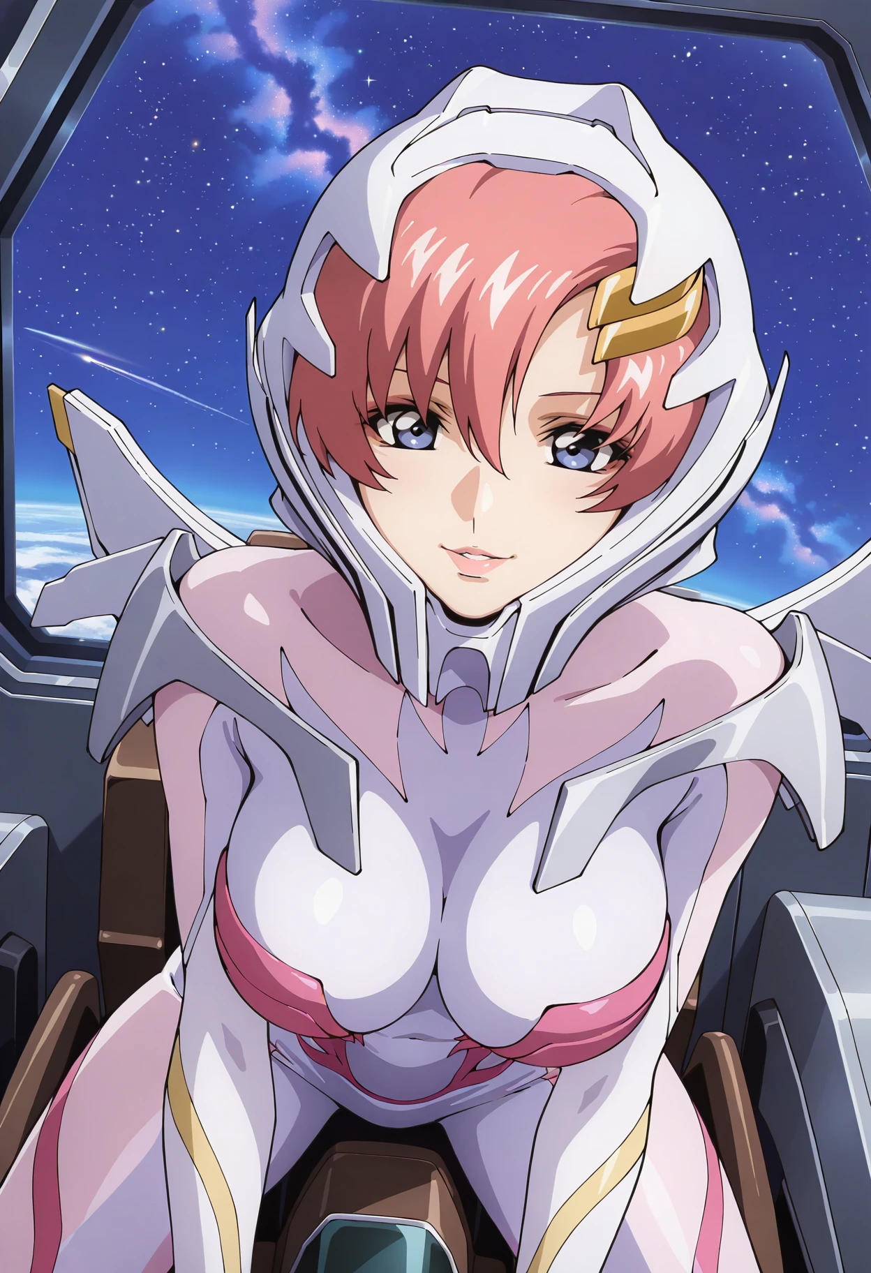 masterpiece,best quality,lacus_c, 1girl, anime coloring, solo, short hair, pink hair, hair ornament,lacus helmet, hair between eyes, purple eyes, lipstick, lacus pilot suit, pink white bodysuit,pilot gloves, shoulder armor, , light smile, parted lips, riding, leaning forward,cockpit,window, space, starry sky,    <lora:lacus_c_IL-300008:0.9>