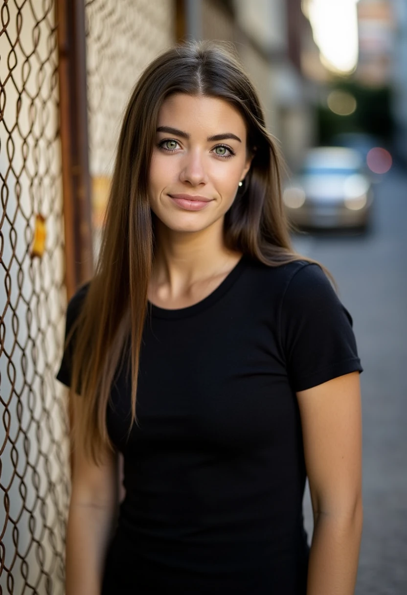 This photograph captures a young woman standing outdoors, framed by a rusted metal fence with diamond-shaped openings. She has long, straight, light brown hair that cascades past her shoulders and a fair complexion. Her facial features are delicate, with high cheekbones, a small nose, and full lips. She has light brown eyes that gaze directly at the camera, conveying a calm and thoughtful expression. She is wearing a simple black short-sleeved t-shirt that fits her slender physique snugly, and her ears are adorned with small, round stud earrings. The background reveals a blurred street scene with a paved road and a distant, indistinct car, suggesting the setting is urban. The fence behind her is weathered, with rust stains adding texture and depth to the image. The lighting is soft, likely from late afternoon, as suggested by the warm, golden hues that bathe the scene. The overall mood of the photograph is serene and contemplative, with a focus on natural beauty and the simplicity of the subject's attire. B4RB0R4S