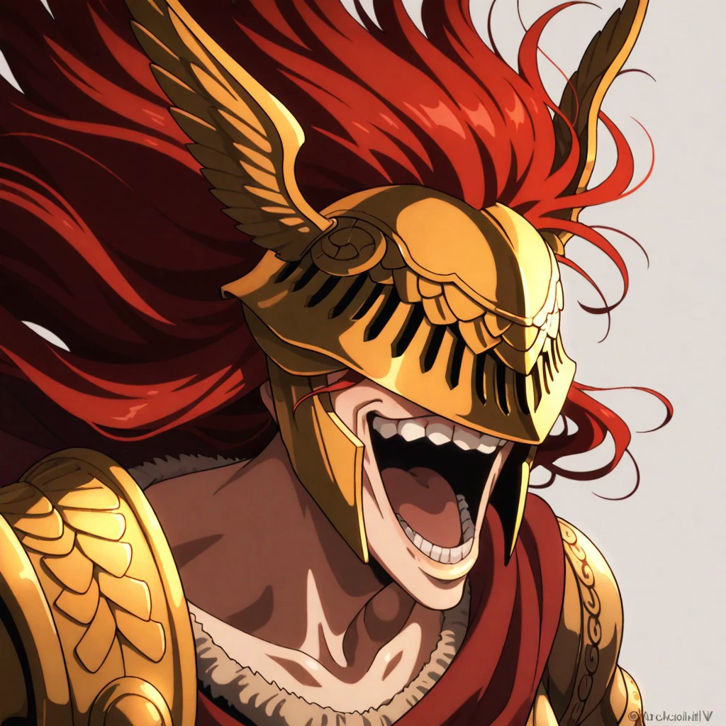 masterpiece, best quality, newest, absurdres, highres,  anime, anime style, vintage anime, 90s anime, YujiroLaughIL-V1.1 smile, teeth, grin, open mouth, laugh, 1girl, malenia blade of miquella, floating hair, red hair, long hair, prosthetic leg, armor, gold armor, winged helmet, armor, red cape, prosthetic arm, single mechanical arm,