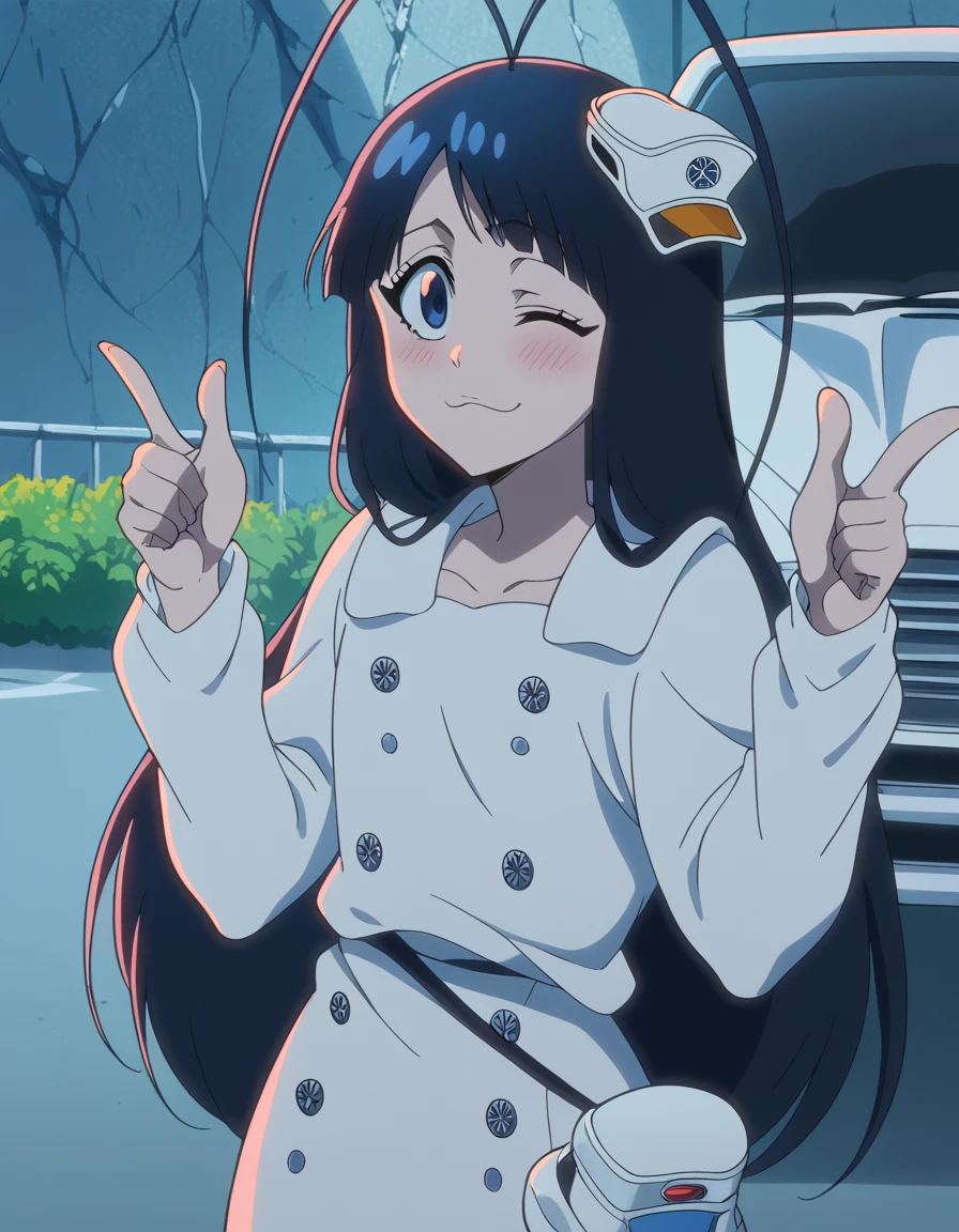 score_9, score_8_up, score_7_up, source_anime, <lora:giselle-gewelle-tybw-ponyxl-lora-nochekaiser:1>, giselle gewelle, long hair, bangs, black hair, blue eyes, antenna hair, otoko no ko, anime screencap, long sleeves, dress, white dress, buttons, black pantyhose,, highway, cars, lanes, fast, long, smile, <lora:double-finger-gun-ponyxl-lora-nochekaiser:1>, double finger gun,, blush, smile, one eye closed, from side, looking at viewer, solo,, cowboy shot, solo