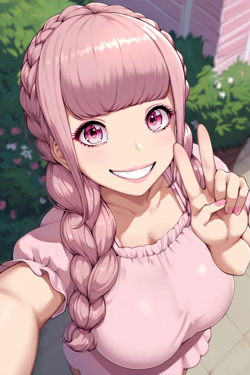 score_9, score_8_up, score_7_up,bluntist style, <lora:Blunt-ist_style_PDXL_r1:0.9>, 1girl, pink eyes, pink hair, long hair, braid, straight hair, big breasts, thick, pink summer dress, standing, v sign, selfie, from above, face focus, grin,solo, outdoors, best quality, high quality