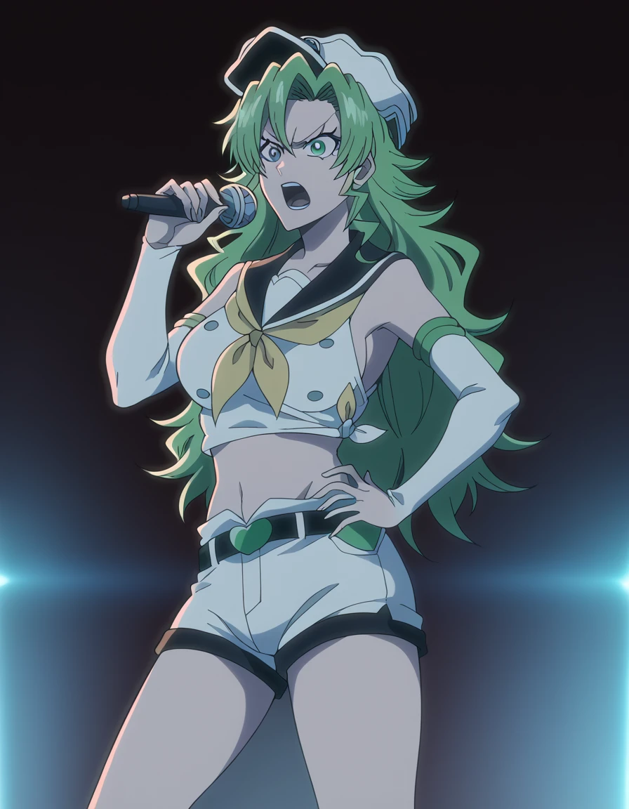 score_9, score_8_up, score_7_up, source_anime, <lora:candice-catnipp-tybw-ponyxl-lora-nochekaiser:1>, candice catnipp, long hair, green hair, green eyes, hair between eyes, parted bangs, mature female, large breasts, anime screencap, <lora:rin-kagamine-cosplay-ponyxl-lora-nochekaiser:1>, rinkagaminecosplay, rin kagamine (cosplay), bare shoulders, belt, black sailor collar, black shorts, bow, crop top, detached sleeves, grey legwear, grey shorts, grey sleeves, hair bow, leg warmers, neckerchief, sailor collar, school uniform, shirt, short shorts, short sleeves, shorts, white bow, white footwear, white shirt, yellow neckerchief,, indoors, stage, stage lights, audience, singing, microphone, holding microphone,, , cowboy shot, solo