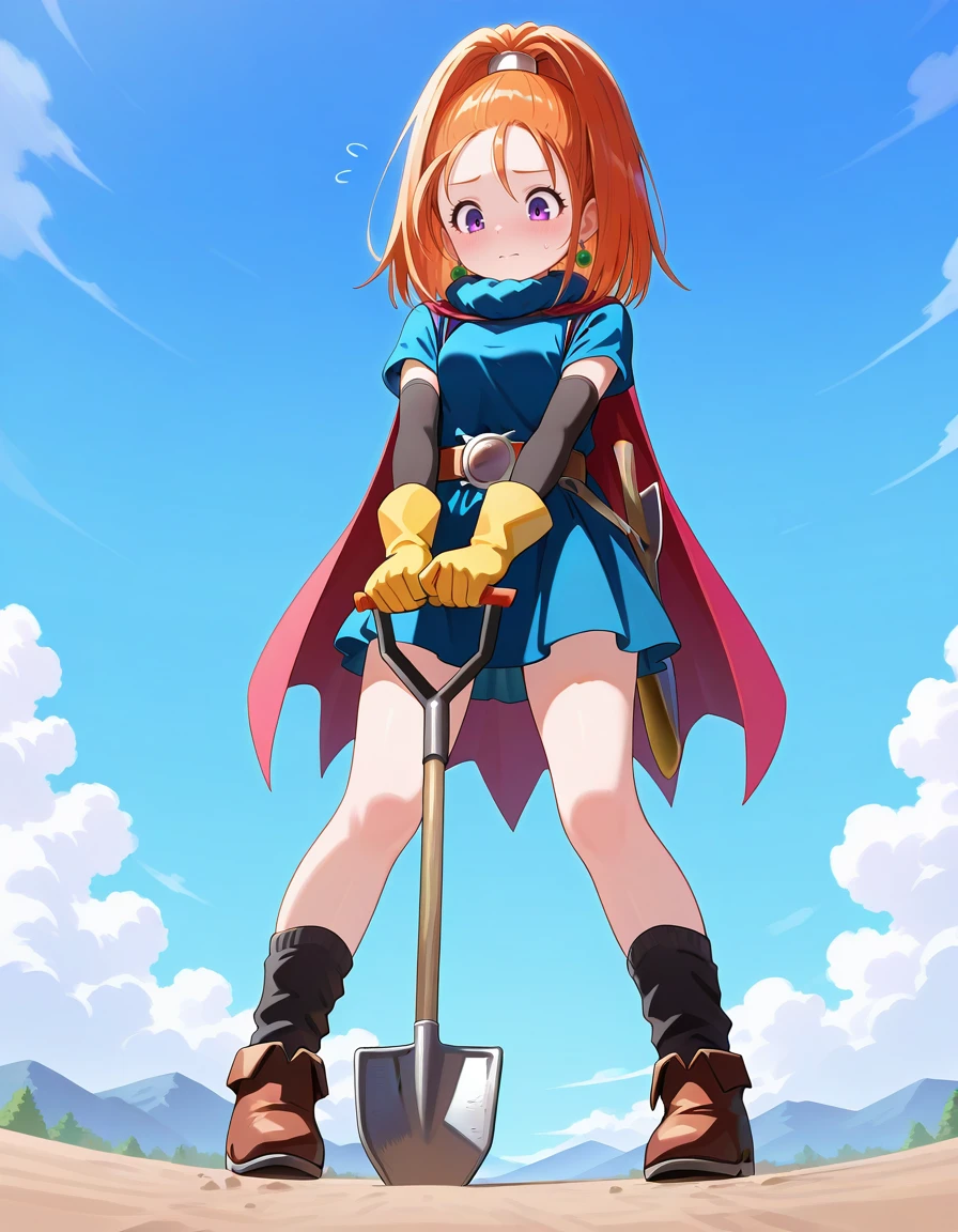 <lora:DQ6barbara_SDXL_Illustrious01_fp16_ver01:1>,DQ6barbara,1girl,purple eyes,earrings,orange hair,high ponytail,yellow gloves, blue dress, belt, red cape, short sleeves,black socks, brown footwear, holding shovel,burrowing,looking down, flying sweatdrops,, masterpiece, best quality, very aesthetic, absurdres,<lora:detailed_hands:1>,hand