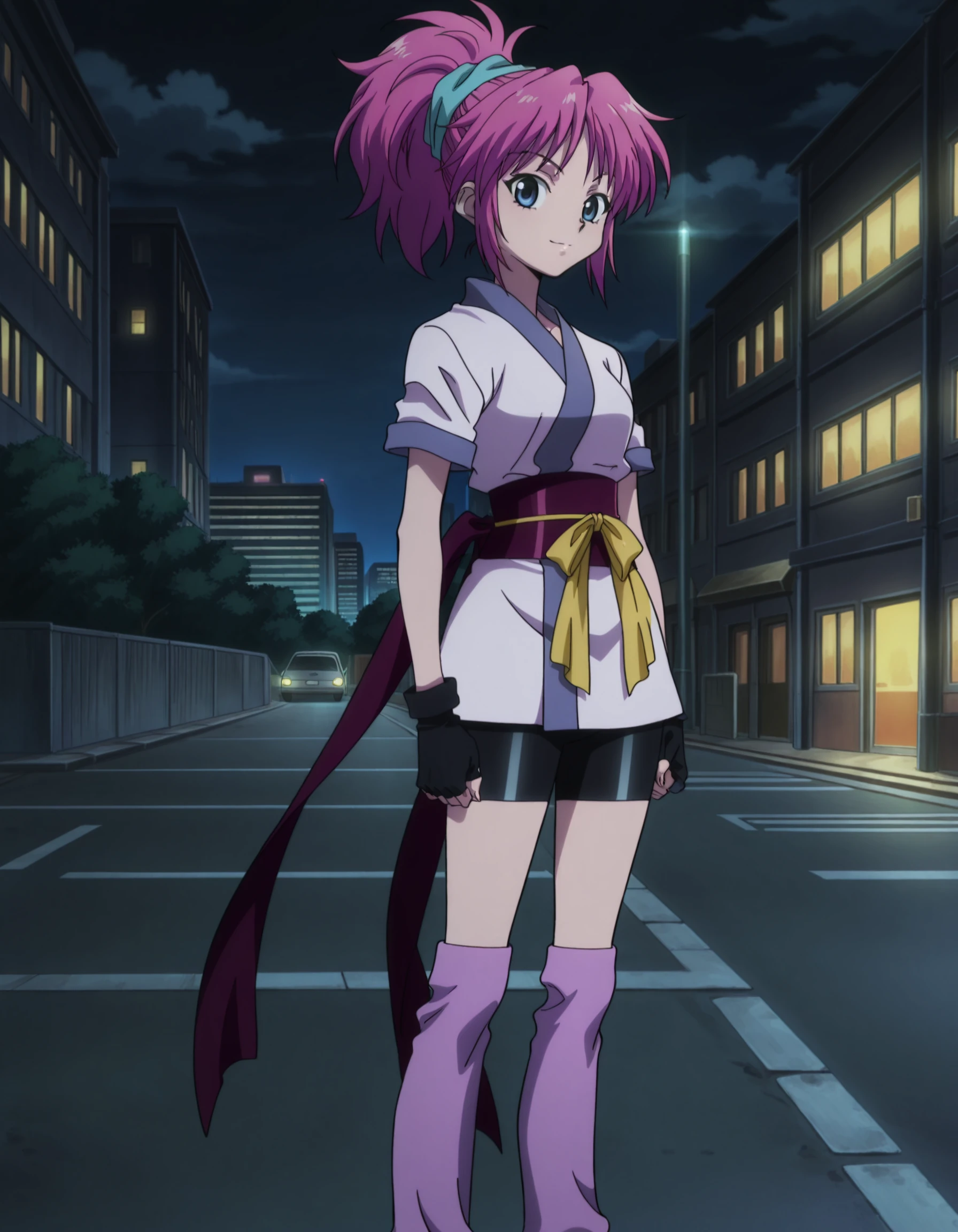 anime screencap, anime coloring, 
outside, in a city at night,
 <lora:Machi_Komacine_Hunter_x_Hunter_2011_-_Illustrious:.7>, 1girl, pink hair, blue eyes, ponytail, short hair, Japanese clothes, Bike shorts, black fingerless gloves, leg warmers, sash, hair ribbon, looking at the viewer, slight smile