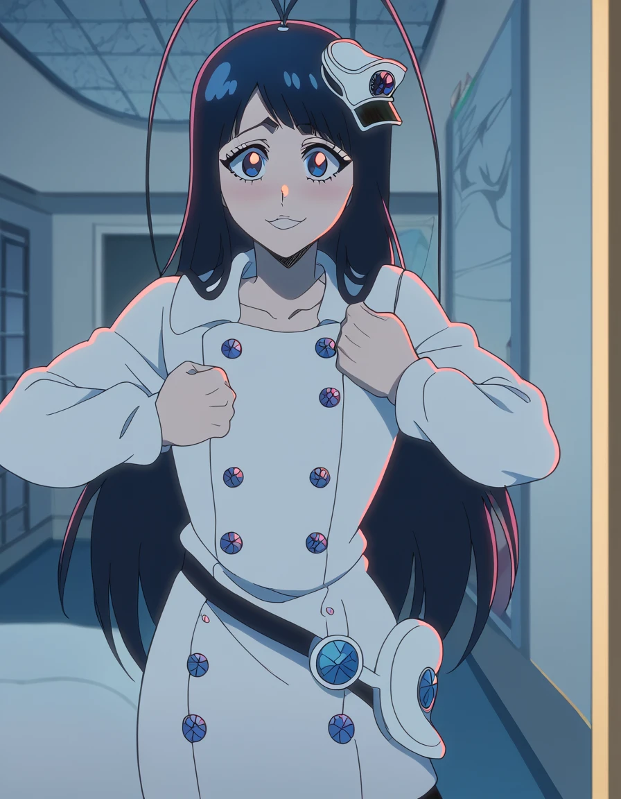 score_9, score_8_up, score_7_up, source_anime, <lora:giselle-gewelle-tybw-ponyxl-lora-nochekaiser:1>, giselle gewelle, long hair, bangs, black hair, blue eyes, antenna hair, otoko no ko, anime screencap, long sleeves, dress, white dress, buttons, black pantyhose,, Buildings, architecture, man made, urban, interior, , <lora:giorno-giovannas-pose-ponyxl-lora-nochekaiser:1>, giorno giovannas pose, giorno giovanna's pose (jojo), jojo pose, hand up, arm up, clenched hand, hand on waist, blush, shirt, smile, bed room, cowboy shot, looking at viewer, solo,, cowboy shot, solo