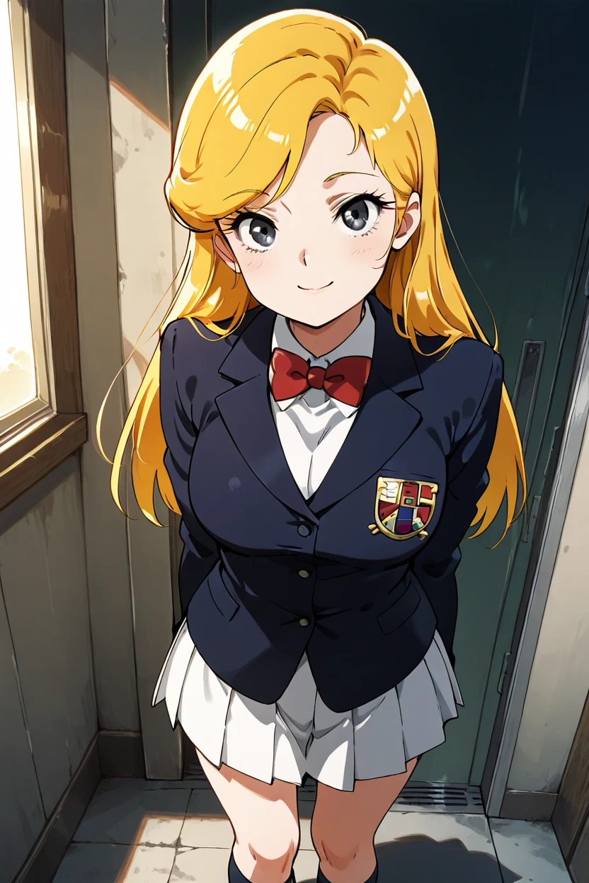 masterpiece, best quality, 1girl, solo, eyelashes, (beautiful eyes), zzMinerva, skirt, long sleeves, bow, school uniform, standing, jacket, pleated skirt, socks, bowtie, black eyes, blazer, smile, <lora:MinervaTransformersIXL:1.0>,