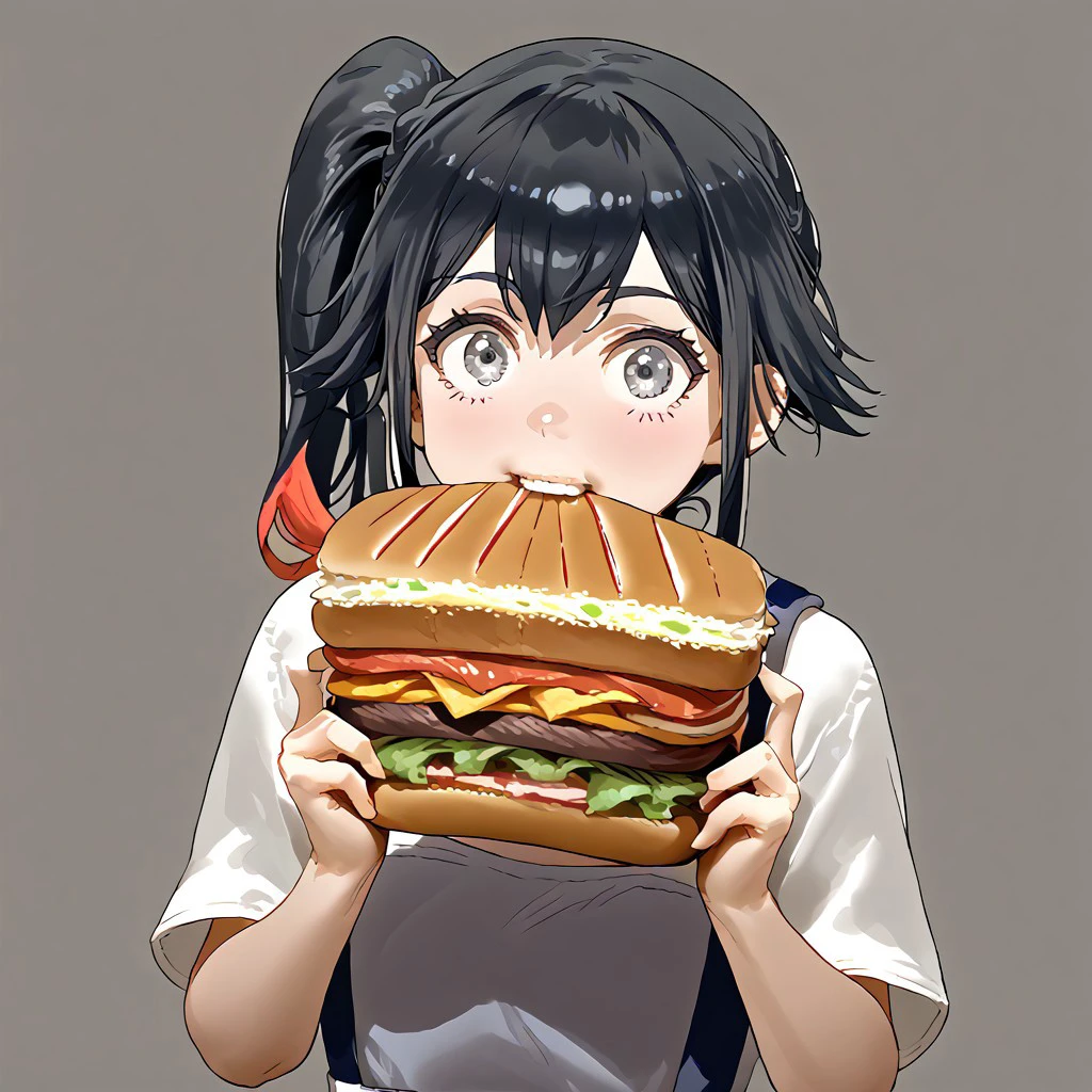 solo, 1girl, shiki_dwno, long black hair, multicolored hair, side ponytail, gray eyes, deli, holding, sandwich, biting , looking at viewer, surprised, absurdres, 4kres, source_anime, score_7_or_higher, csr style, mammoth_metal_style