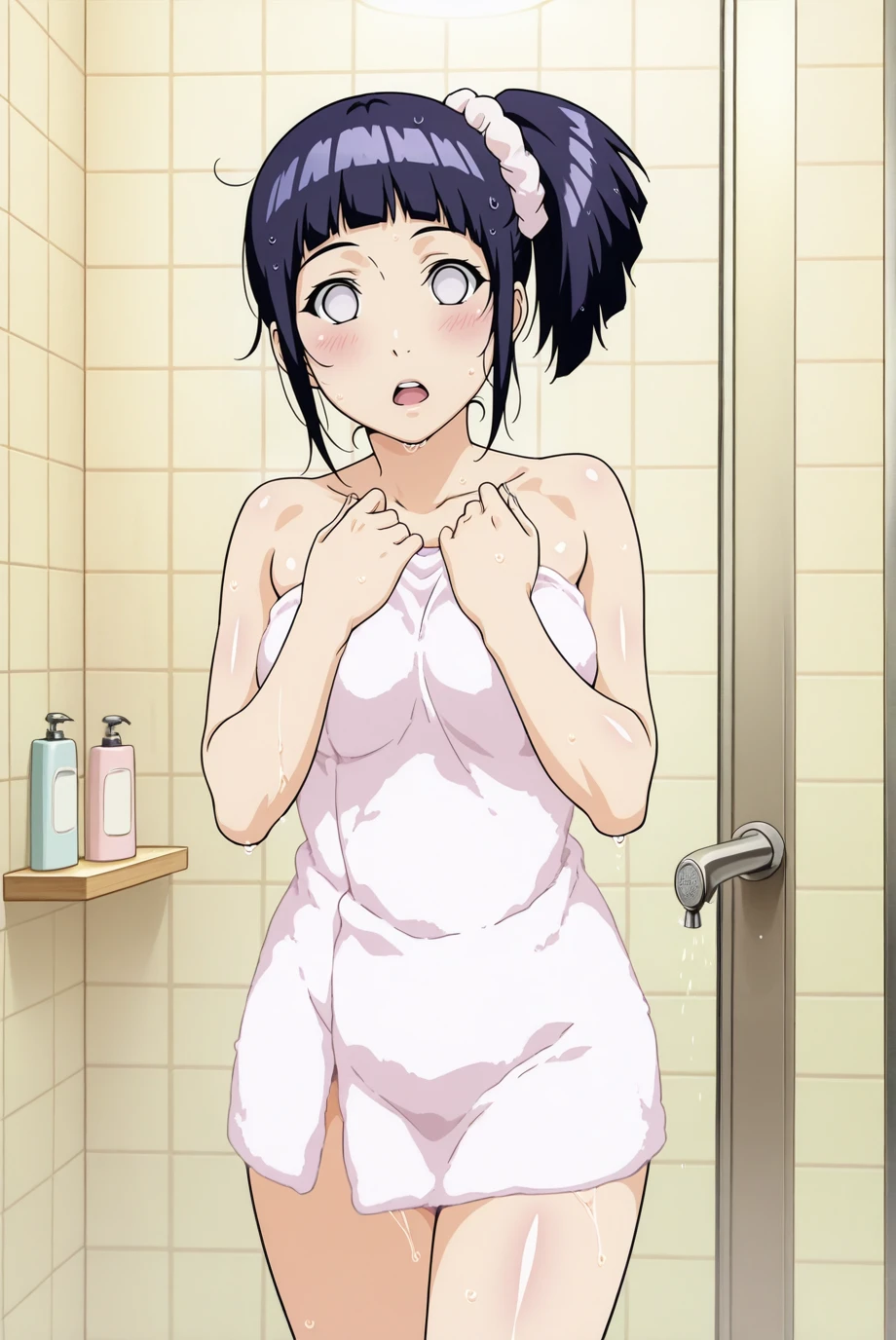 absurdres, masterpiece, best quality, very aesthetic, 1girl, solo,
<lora:HinataShippuden-IL-v1-08:0.85>, ChopioHinata, purple hair, shiny hair, blunt bangs, sidelocks, no pupils, white eyes, looking at viewer, 
medium breasts, mature female, 
short hair, side ponytail, high ponytail, scrunchie,
shower \(place\), tiles, tile wall,
towel, towel wrap, wet, shiny, shiny skin, standing, wet skin,
surprised, blush, open mouth,