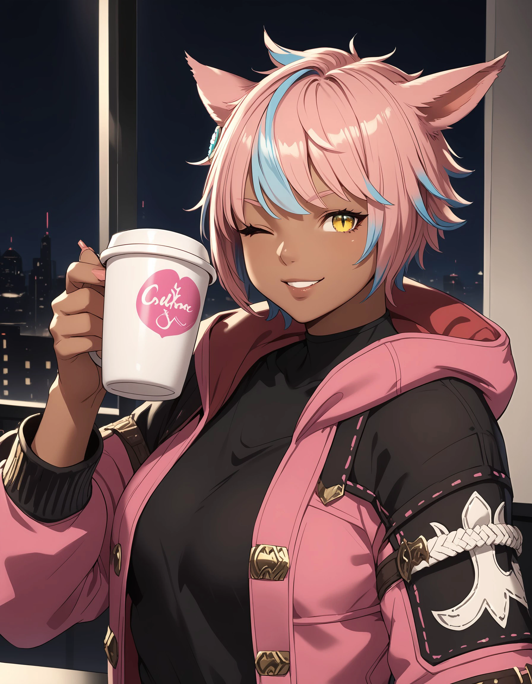 score_9, score_8_up, score_7_up, score_6_up, score_5_up, score_4_up, BL4CKC4TD5K, miqo'te, animal ears, 1girl, one eye closed, solo, dark skin, cat ears, blue hair, multicolored hair, yellow eyes, pink hair, slit pupils, smile, dark-skinned female, looking at viewer, short hair, fingernails, upper body, streaked hair, holding cup, holding, jacket, facial mark, cup, hood, parted lips, bangs, two-tone hair, black shirt, <lora:3b3da377-9f27-4a25-8dd4-94585a8a4fc9:0.7>
