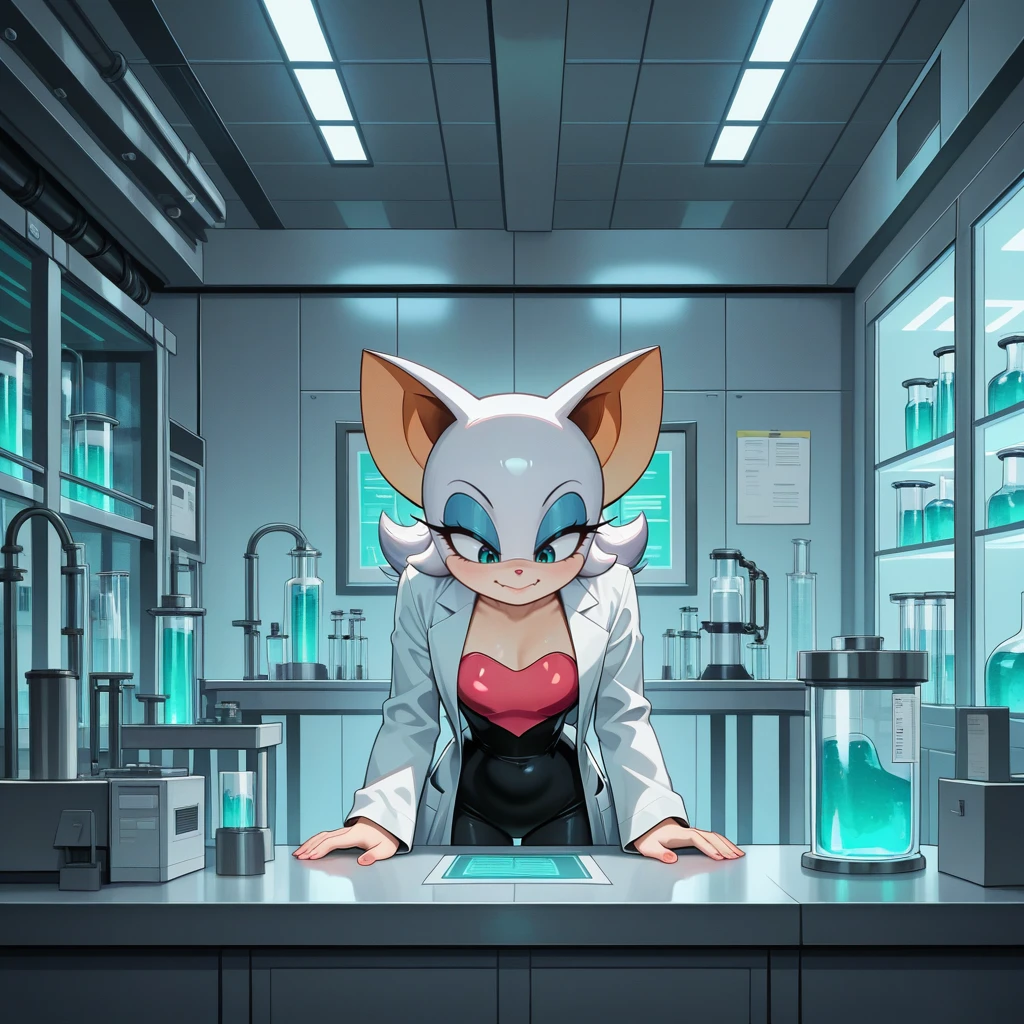solo, 1girl, labcoat, <lora:Laboratory_-_IL:0.8> l4b, indoors, laboratory, table, science Rouge The Bat , masterpiece, best quality, good quality, newest