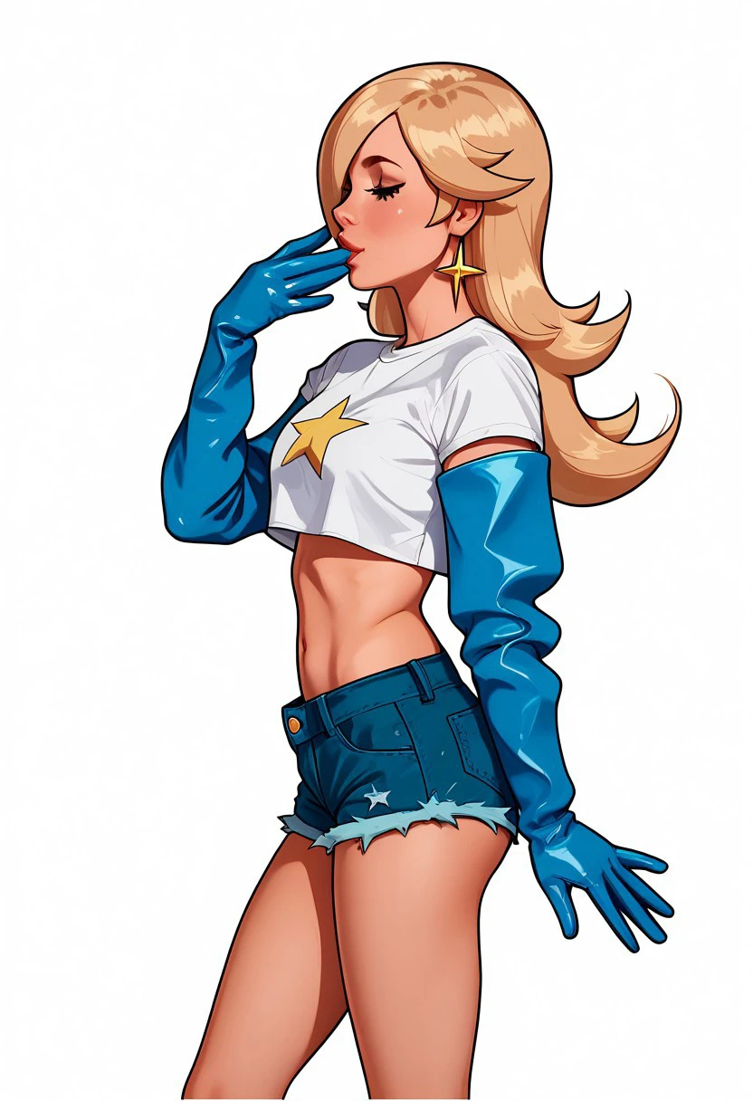 Score_9, score_8_up, score_7_up, best quality, 
hand over own mouth, covering own mouth
(((Oversized gloves))), blue gloves, 1girl, from side, princess rosalina, crop top, jean shorts, trainers, 
<Lora:Oversized_gloves_Clothing_LoRA:1:1>