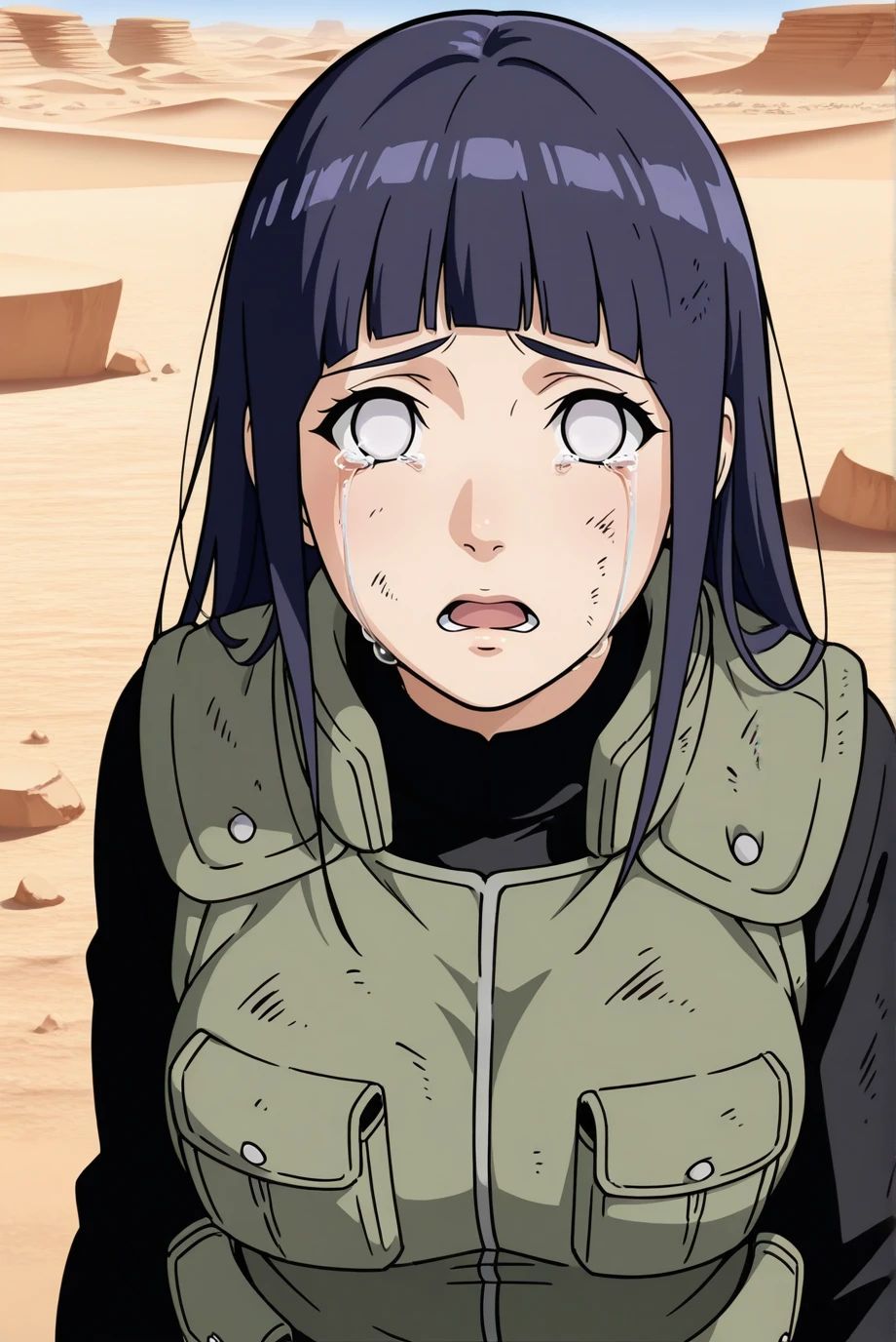 absurdres, masterpiece, best quality, very aesthetic, 1girl, solo,
<lora:HinataShippuden-IL-v1-08:0.85>, ChopioHinata, purple hair, long hair, straight hair, shiny hair, blunt bangs, sidelocks, no pupils, white eyes, looking at viewer,
medium breasts, mature female,
outfit_2, green vest, black shirt, pouch, dirty,
outdoors, desert, rocks, close-up, tears, open mouth, crying with eyes open,