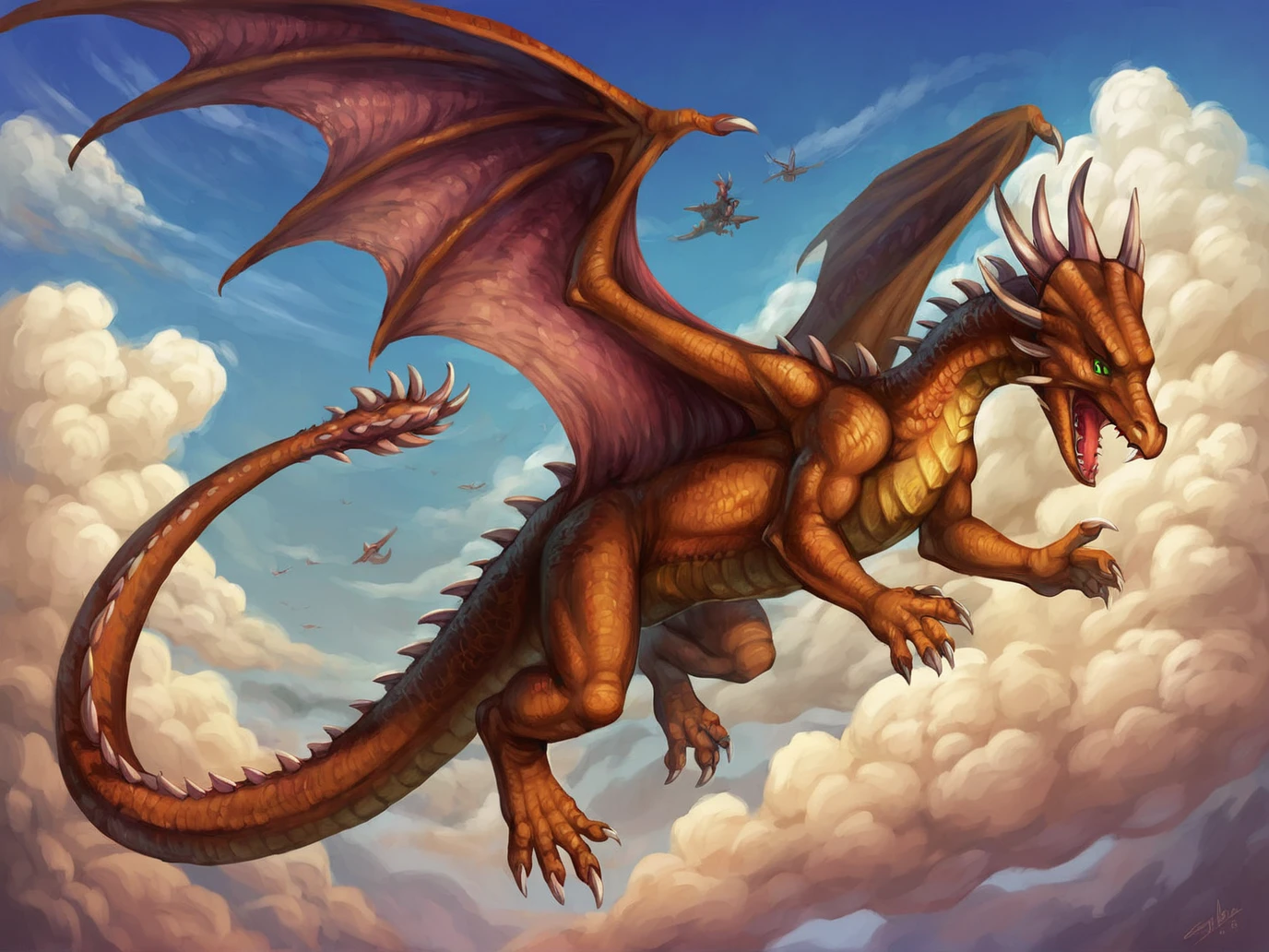 score_9, score_8_up, score_7_up, rustdragon, dragon, green eyes, spikes, tail, tail_club, open mouth, wings, sky, flying in the sky, <lora:Might__Magic_Collection:0.7> inricate details, detailed, high quality artwork