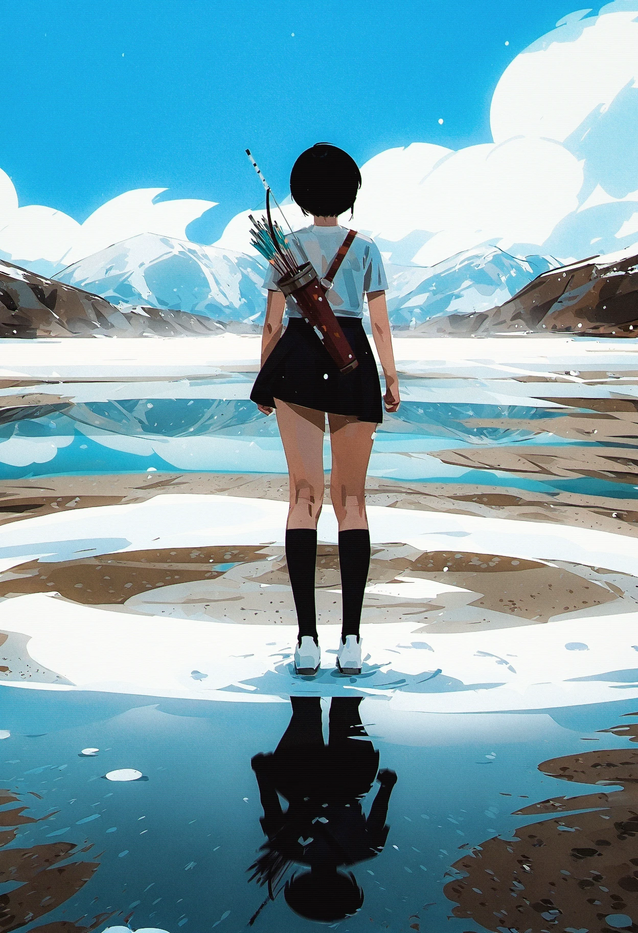 (yun ling:1.1), (chongzhen 085:1.2), newest, very awa, masterpiece, highres, absurdres, year 2024, year 2023,
arms at sides, 1girl, black hair, wet ground, cloud, reflection, snow, lake, mud, skirt, outdoors, white shirt, wide shot, mountainous horizon, weapon, quiver, reflective water, short hair, from behind, shirt, socks, weapon on back, clenched hand, arrow \(projectile\), kneehighs, blue sky, white footwear, bow \(weapon\), thighs, black skirt, sky, landscape, 
 <lora:yun_ling-16:0.9> <lora:ponyv6_noobV1_1_adamW-000011:0.3> <lora:spo:1>