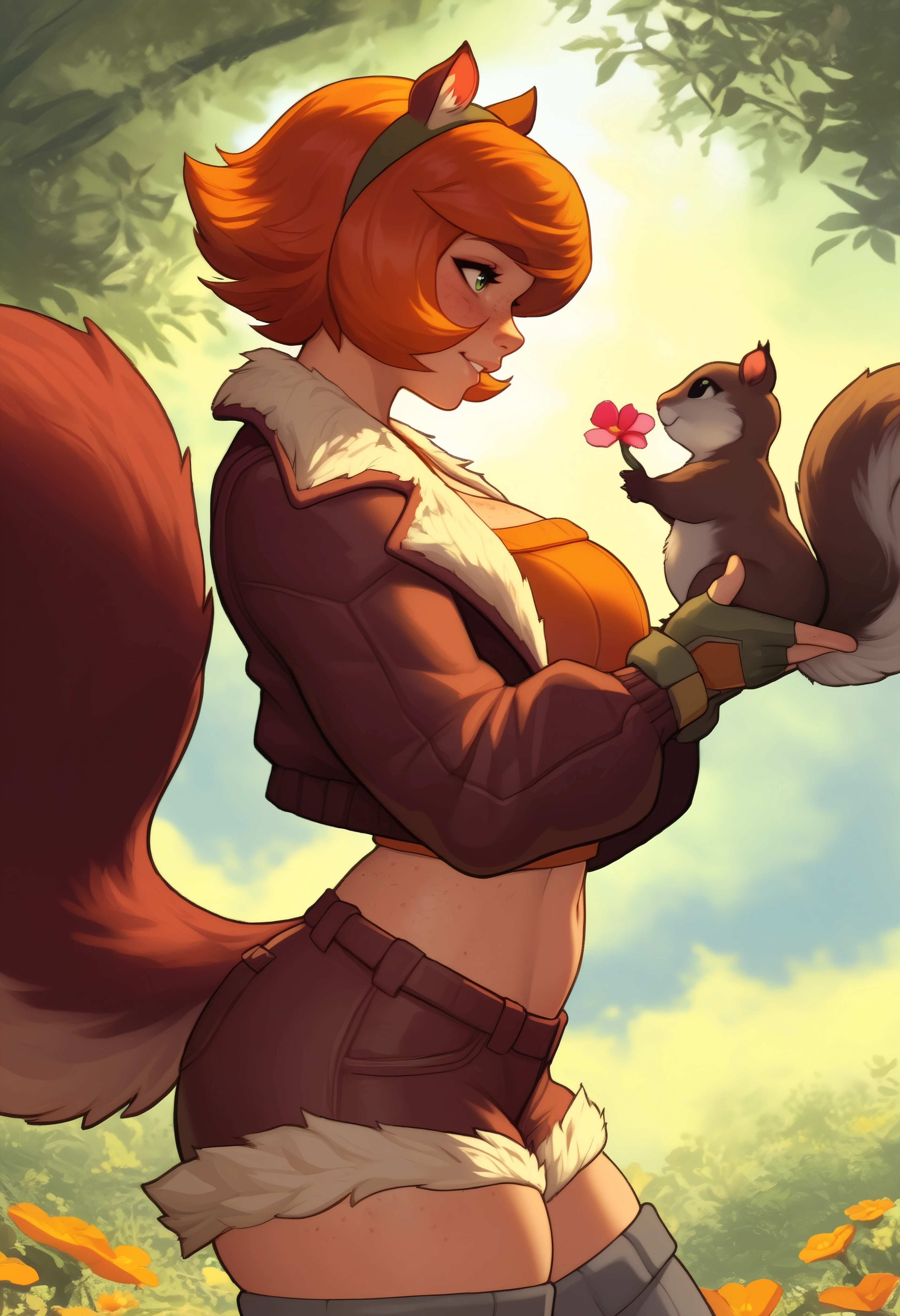 masterpiece, best quality, very aesthetic, outdoors,dappled sunlight,flowers,happy,holding squirrel,1girl,freckles,body freckles,sqgrl, short hair, squirrel tail, animal ears, green eyes, large breasts, fur-trimmed jacket, orange crop top, midriff, fingerless gloves, fur-trimmed shorts, brown shorts, gray thighhighs,looking at another,from side,profile <lora:sqgrl_n11:0.8>