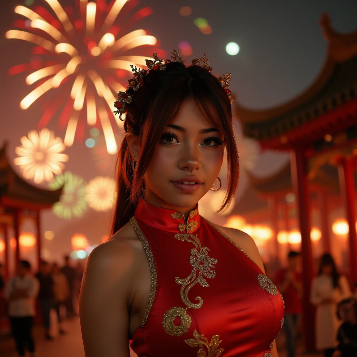 (High-level (UltraDetailed ProfessionalPhoto)), 8K Masterpiece TopQuality, Absurd Detailed Lighting, PerfectLighting, Extremely detailed (BeautyGoddess Standing in a Vertical Dropping Ray), aesthetic LifeLike Rendering, BokeH (oodles Firecrackers Spark and Haze), Unreal flamboyance, see-through upskirt Assfocus RoundlyButts, (Tindall Effect Scattering), { fujian tulou | Traditional Hakka Clothes | perfect ratio | hime cut | luxury | jewelry | ornate | hairpin | Menstruation | (Exposed SFW) },(Elaborate embroidery with Transparency) BREAK (FullBody:1.28). (((Extremely detailed Beautiful Face and Eyes))) Radiant PearlSkin with Transparency, (Dynamic LifeLike expressions:1.4)
