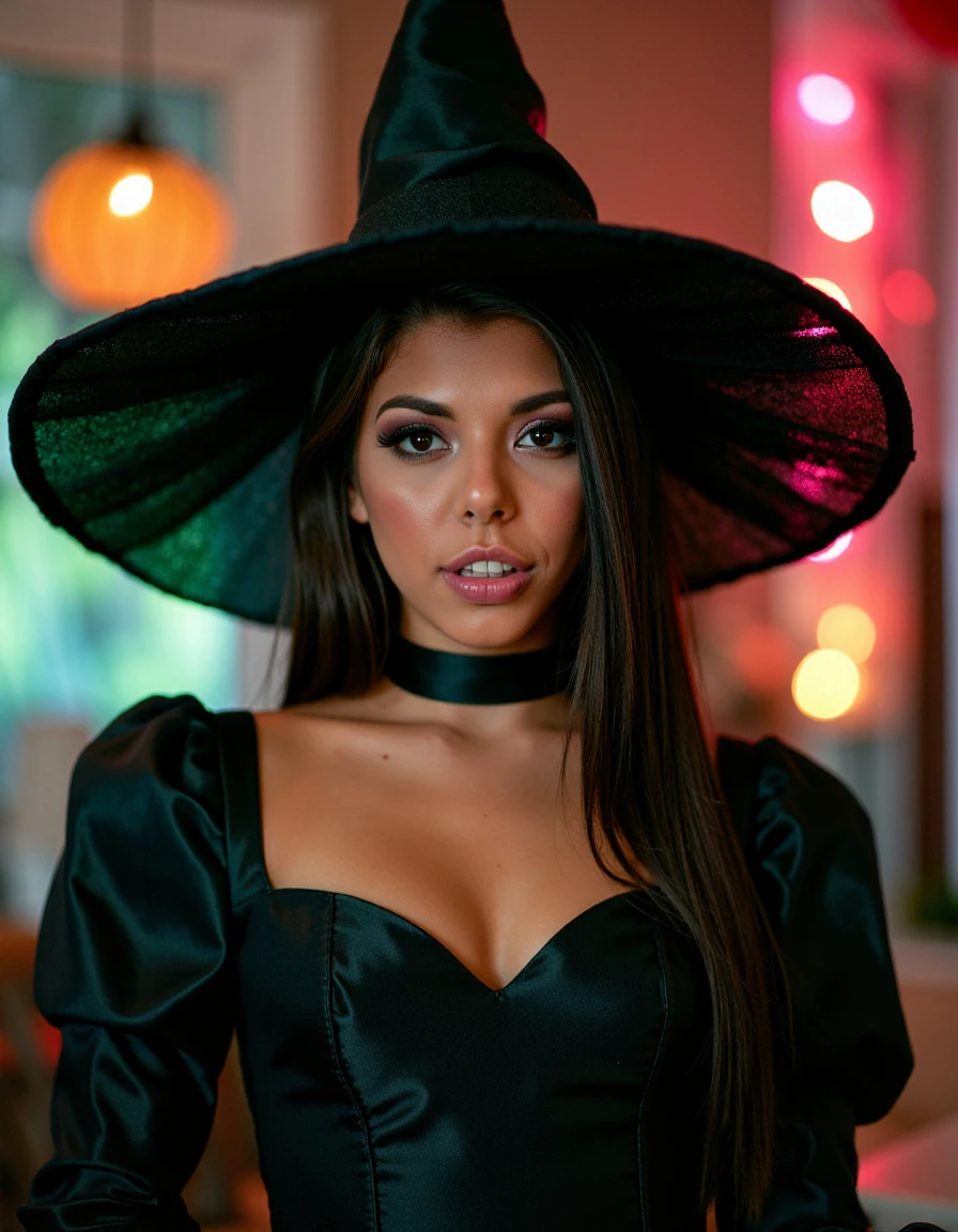 beautiful brunette wearing sexy halloween witch costume, beautiful belly button, beautiful skin