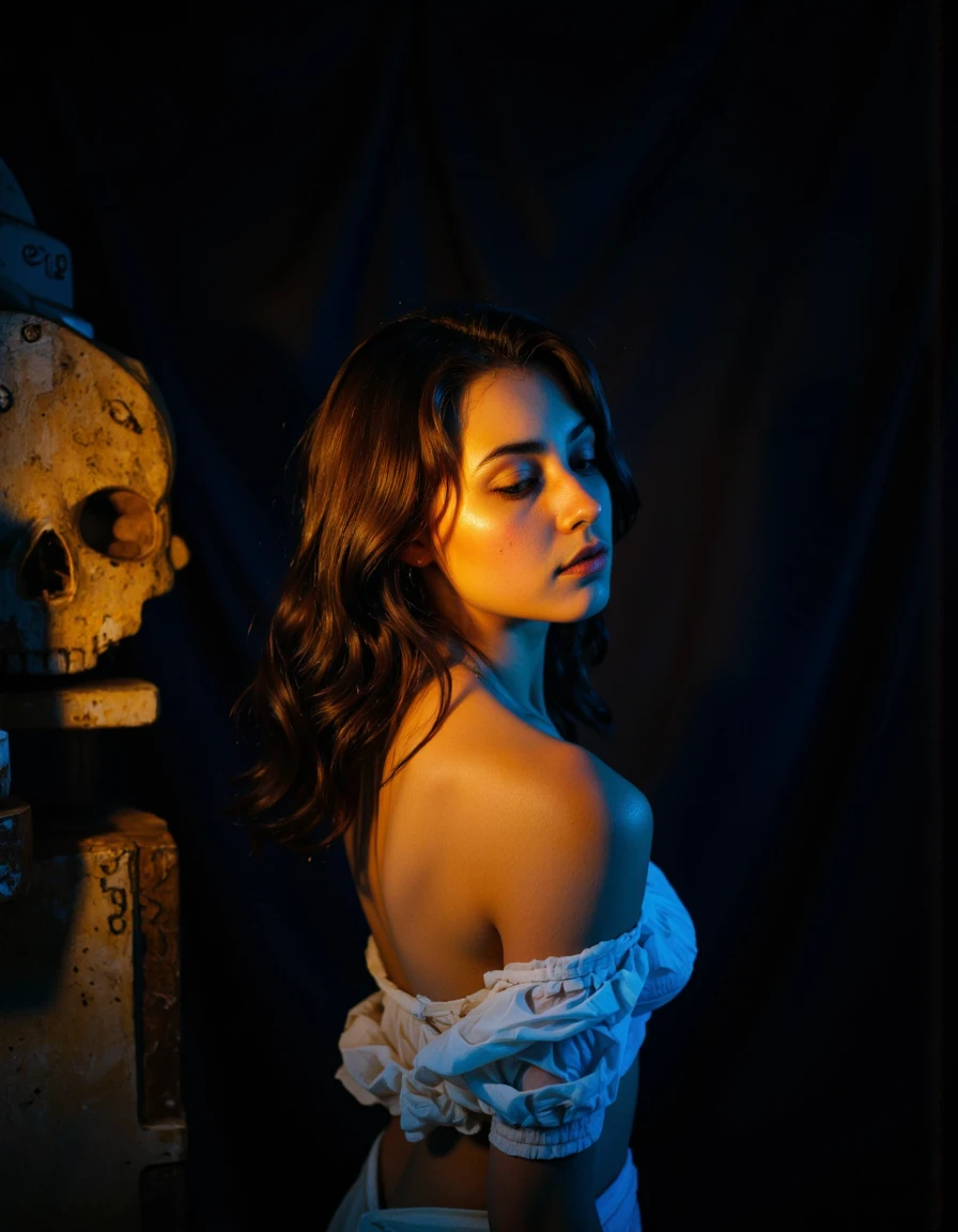 The image is a photograph featuring a young woman with a serene, ethereal quality. She is depicted in a dramatic, low-key lighting setup, with warm golden hues blending into cool blues and blacks, creating a moody, almost dreamlike atmosphere. The subject is a woman with medium-brown skin and a slender, delicate build. She has wavy, dark brown hair that falls naturally around her shoulders. Her facial features are soft and delicate, with a serene expression, her eyes closed and her head tilted slightly to the side, as if lost in thought or deep contemplation. <lora:Synesthesia:0.45>