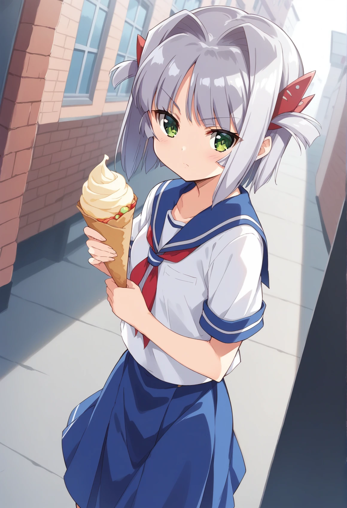<lora:kousaka_rui_v1.0-000008:0.9>,kousaka rui,green eyes,grey hair,short hair,two side up,hair ornament,small breasts,
school uniform,serafuku,blue sailor collar,blue skirt,white shirt,
1girl,solo,anime screenshot,
standing,dutch angle,holding crepe,looking at viewer,
street,
blush,staring,from side,, score_9,score_8_up,score_7_up,source_anime,best quality,masterpiece,uncensored,beautiful eyes,