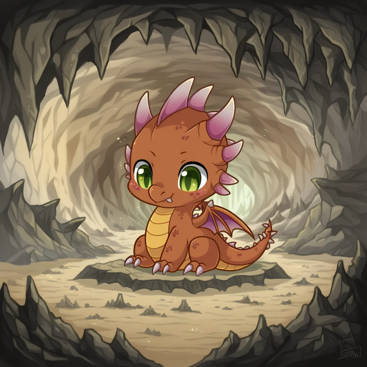 score_9, score_8_up, score_7_up, rustdragon, dragon, green eyes, spikes, wings, cute, chibi, cute chibi dragon sitting in a nest, solo, cave floor, nest, <lora:Might__Magic_Collection:0.8> detailed background, cave,
