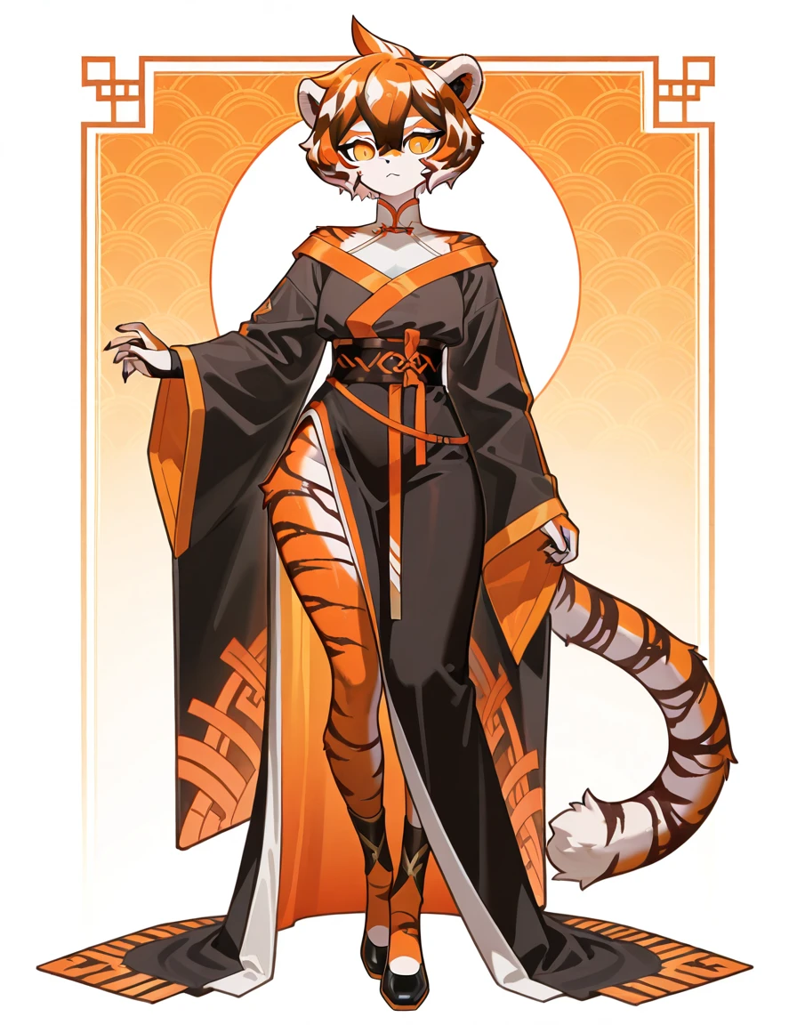 masterpiece, best quality, amazing quality, very aesthetic, absurdres, newest, <lora:waaifu_arknights:1>, waaifu_arknights, 1girl, animal ears, furry female, furry, tiger ears, long flowing robe, black and orange accents, geometric patterns, asymmetrical design, high-collared top, wide sleeves, sash belt, futuristic style, white and orange palette, stylized tiger stripes, detailed footwear.