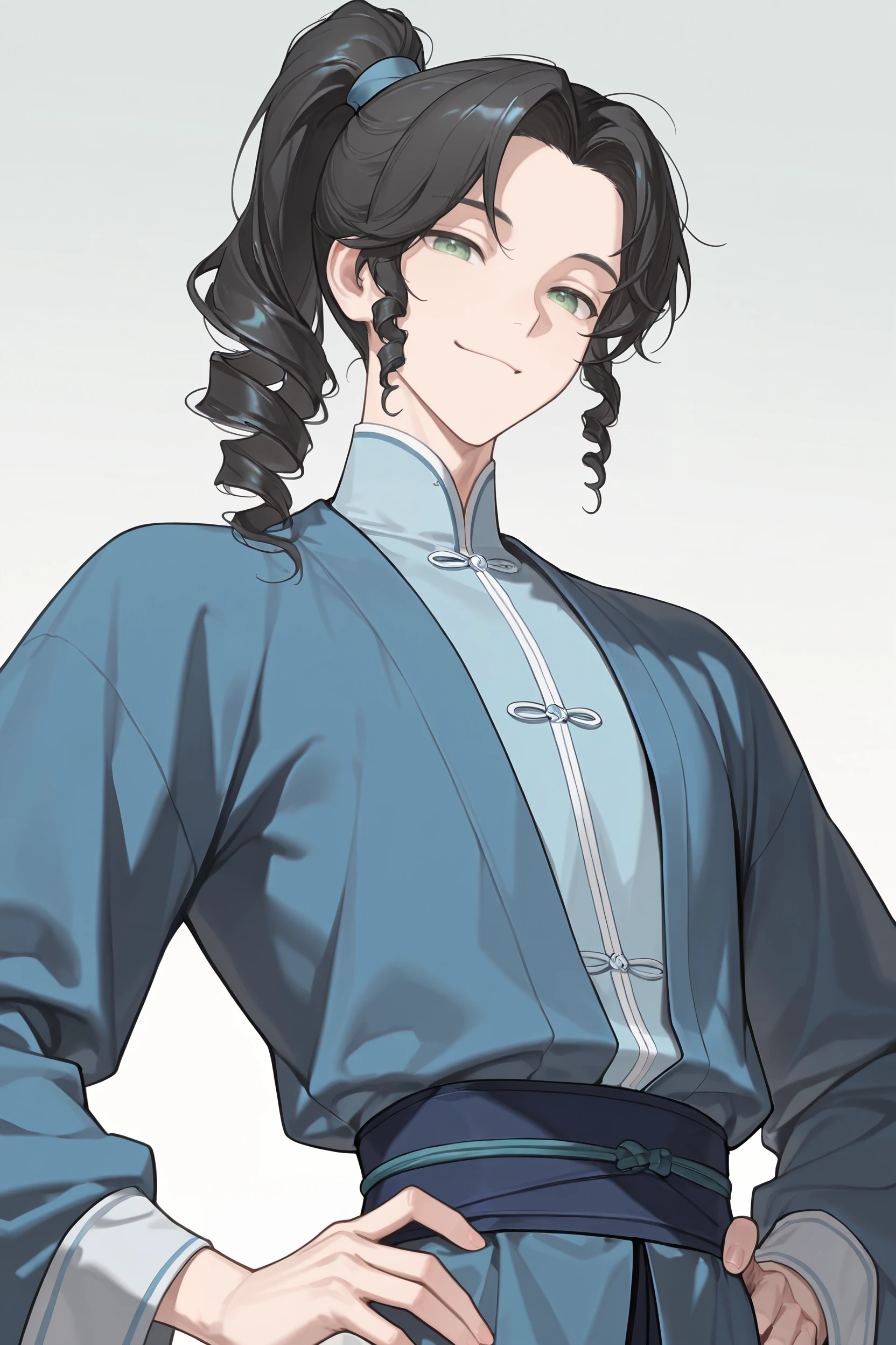 masterpiece, best quality, newest, absurdres, highres, 1boy, solo, bishounen,
<lora:MeiYaoLanIllustriousV1:1> meiyaolan, green eyes, black hair, long hair, twin drills, drill bangs, curly hair, ponytail, forehead,
looking at viewer, smile,
blue hanfu, hanfu, upper body, hands on hips, high collar,