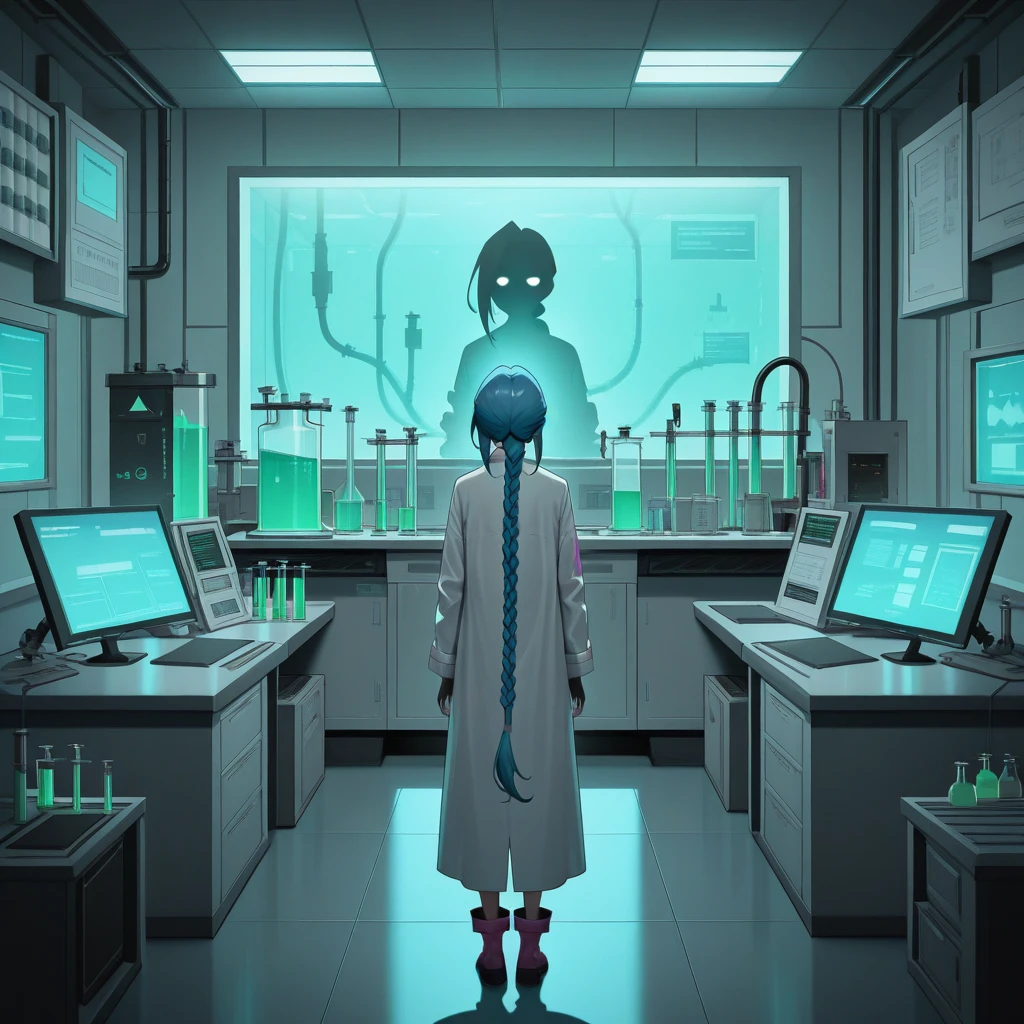 solo, 1girl, labcoat, <lora:Laboratory_-_IL:0.8> l4b, indoors, laboratory,chemicals, monitors, shadows, Jinx    , masterpiece, best quality, good quality, newest