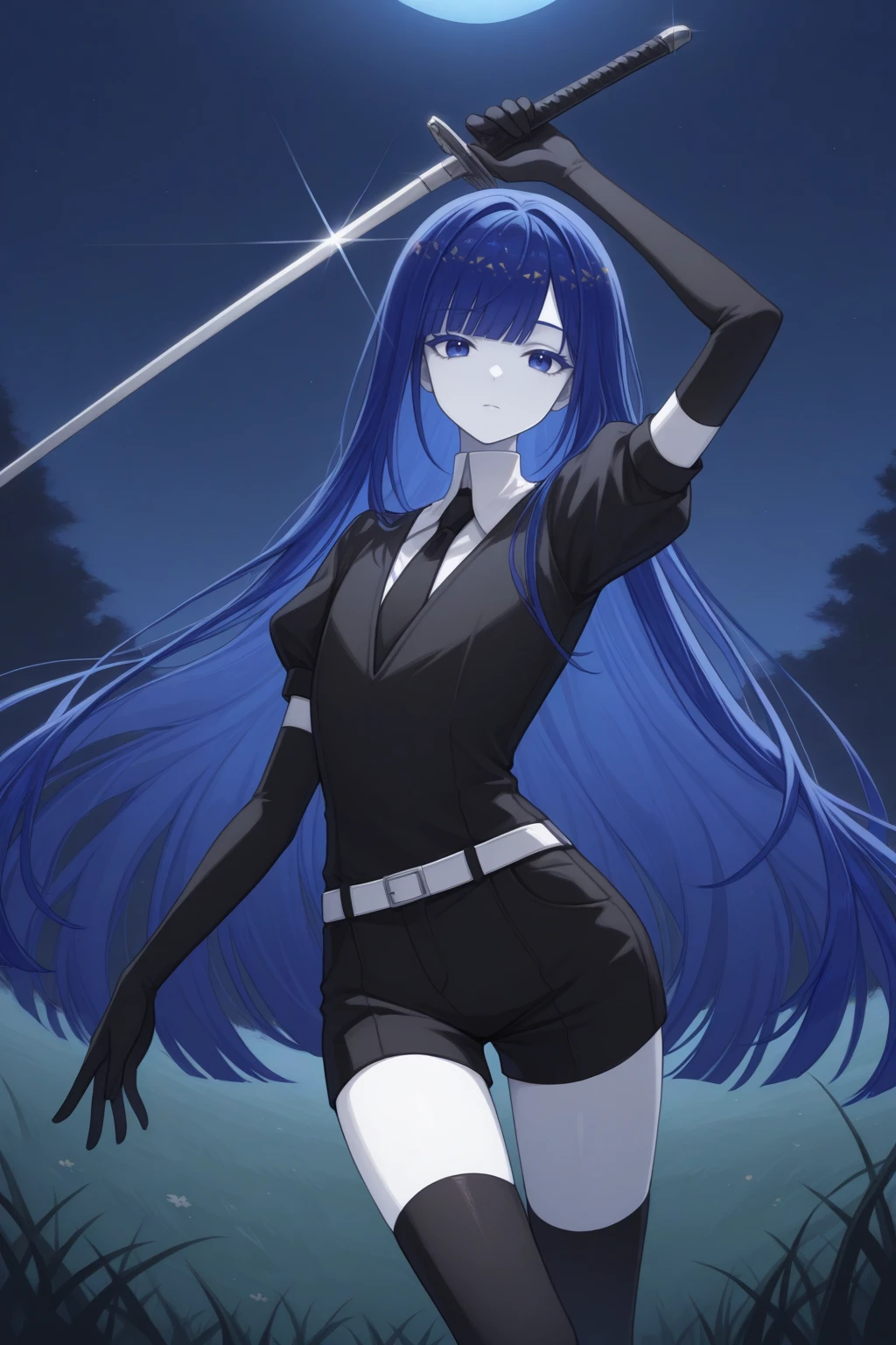 masterpiece, best quality, looking at viewer, expressionless, 1other, l4p1s, colored skin, white skin, colored eyelashes, blue hair, crystal hair, asymmetrical bangs, blunt bangs, very long hair, straight hair, blue eyes, black shirt, puffy short sleeves, wing collar, black necktie, white belt, black shorts, elbow gloves, black gloves, black thighhighs, holding sword, pose, arm up, outdoors, grass, night sky, moonlight, glint, <lora:Hoseki_LandOfTheLustrous_LapisLazuli_IllustriousXL_v1:1>