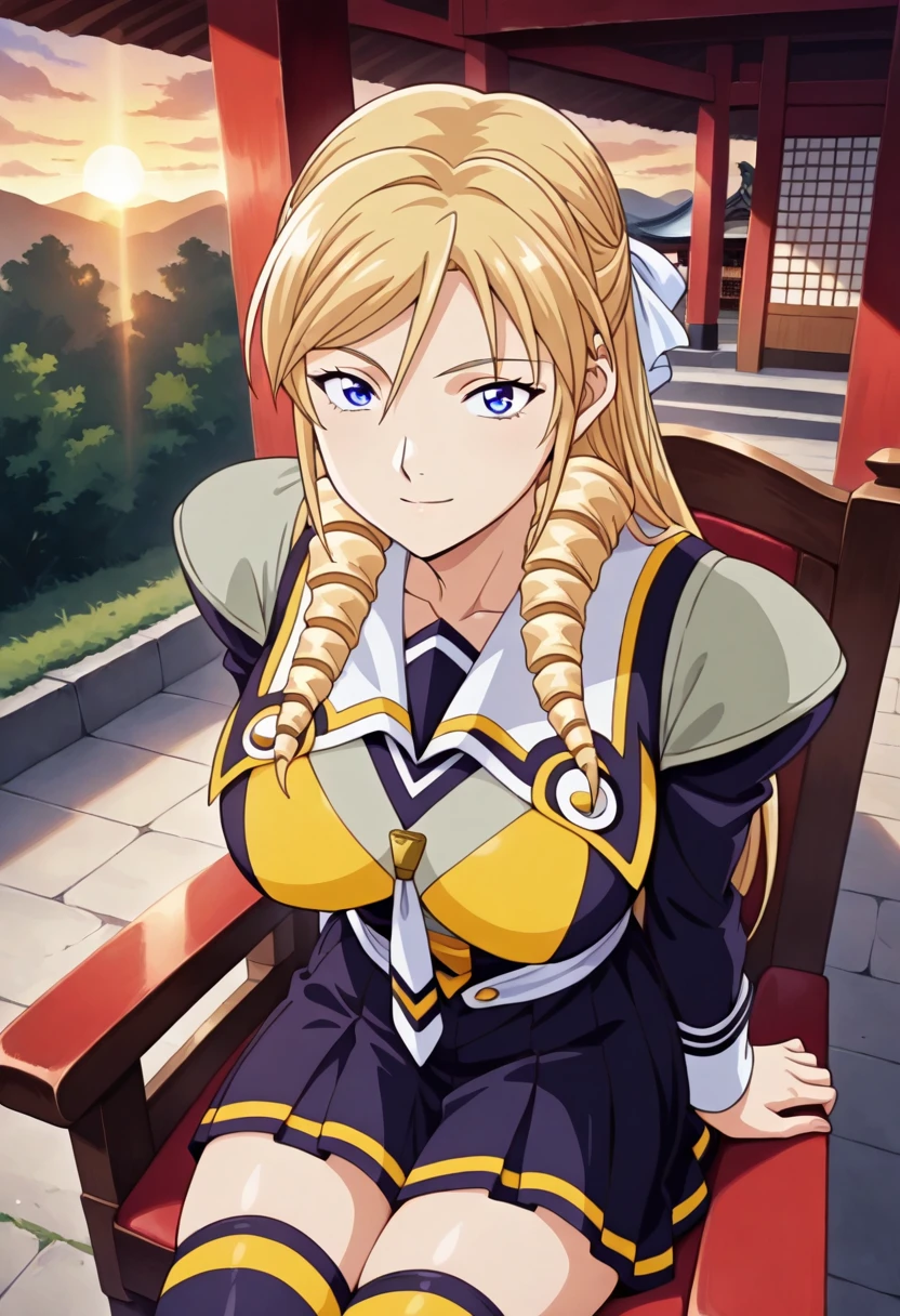 1girl,Leona Morimoto,long hair,blonde hair,drill hair,blue eyes,hair ornament,school uniform,discipline uniformn,two tone clothes,blue and yellow uniform,thigh highs,pleated skirt,From above,Sitting in chair,(looking at viewer:1.1),Soft smile, gentle gaze,Japanese shrine, torii gate, stone path,Sunrise,Crisp, clean, tranquil,masterpiece,best quality,newest,absurdres,highres,(highly detailed eyes,perfect eyes:1.1) <lora:Leona_Morimoto_-_Illustrious_epoch_10:1.0>