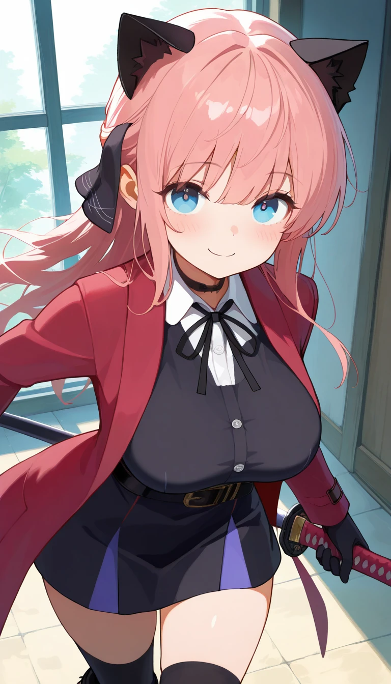 (masterpiece),best quality,amazing quality,very aesthetic,absurdres,newest,perfect body,shiny skin,perfect eyes,detail1eye,well-defined fingers,well-defined fingernails,anime style,indoors,1girl,solo,upper body,(portrait:1.5),looking at viewer,facing viewer,smile,blush,Vivi,cat ears,long hair,pink hair,hair ribbon,black ribbon,sidelocks,bangs,blue eyes,choker,red coat,black dress,collared shirt,white shirt,shirt under dress,neck ribbon,white button,long sleeves,black gloves,holding katana,large breasts,black belt,black thighhighs,zettai ryouiki,boots,black footwear,<lora:Vivi(v atmi)-Illus:1.8>,