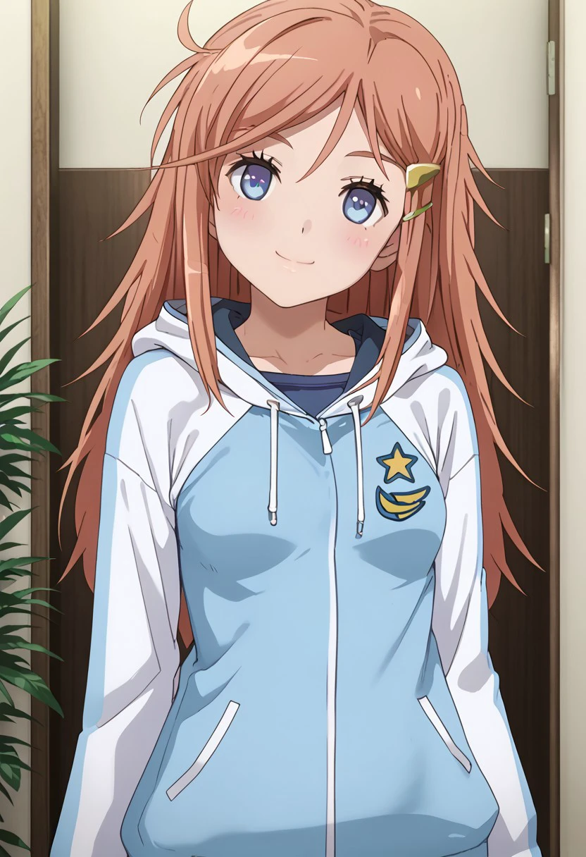 score_9, score_7_up,1girl, blush, breasts,(hoodie, standing, orange hair, blue eyes, long hair, 1girl, solo, hair ornament, hairclip, small breasts), looking at viewer, smile, solo, highres, zPDXL3, detailed face, head tilt, tilted head, short, short girl,