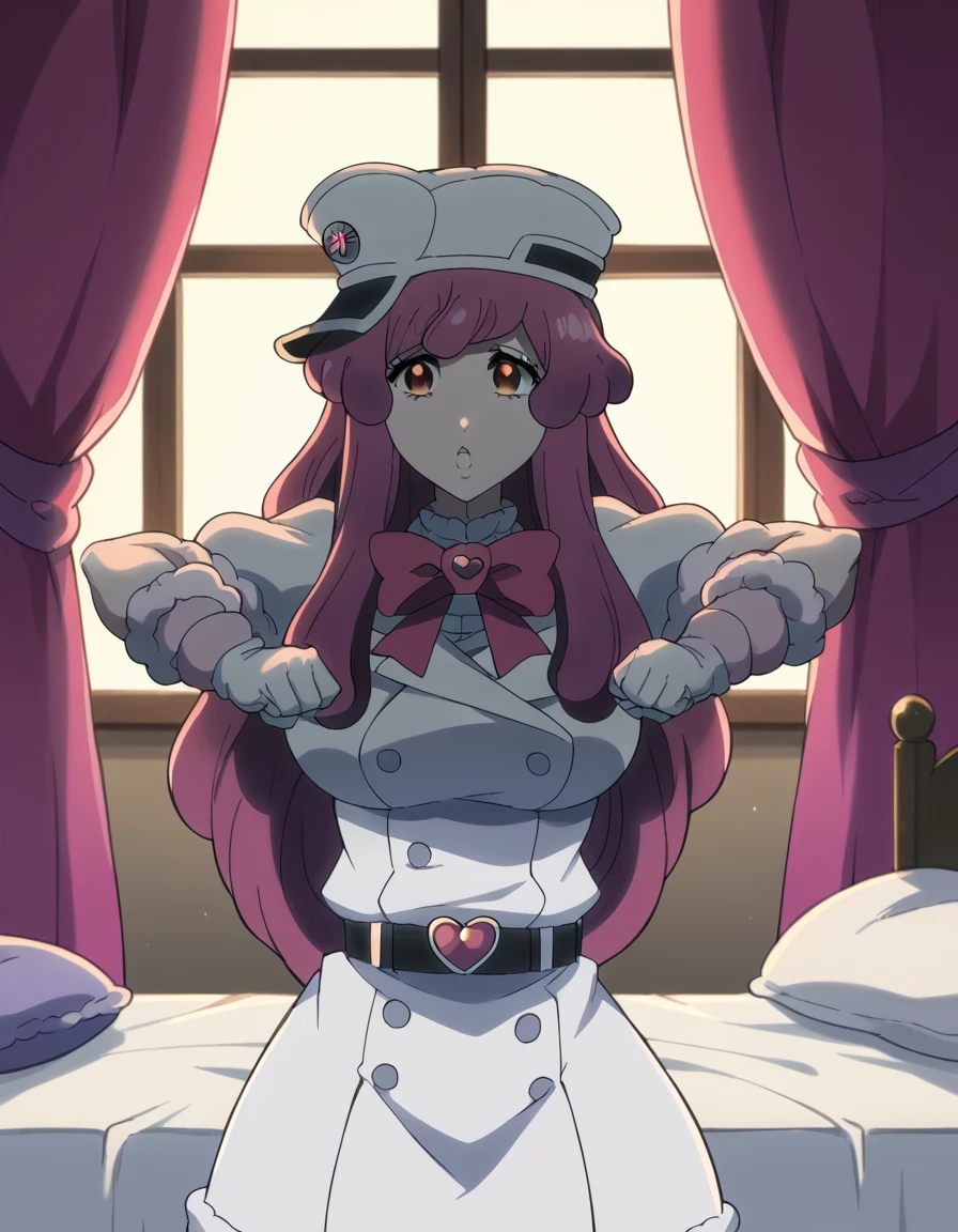 score_9, score_8_up, score_7_up, source_anime, <lora:s-mcallon-tybw-ponyxl-lora-nochekaiser:1>, meninalon, long hair, pink hair, red eyes, large breasts, anime screencap, gloves, hat, bow, heart, belt, white gloves, fur trim, white uniform, puffy sleeves,, bedroom, bed, pillows, nightstand, window, , <lora:mochi-mochi-ponyxl-lora-nochekaiser:1>, mochi mochi dance, clenched hands, hands up,, looking at viewer, solo,, cowboy shot, solo