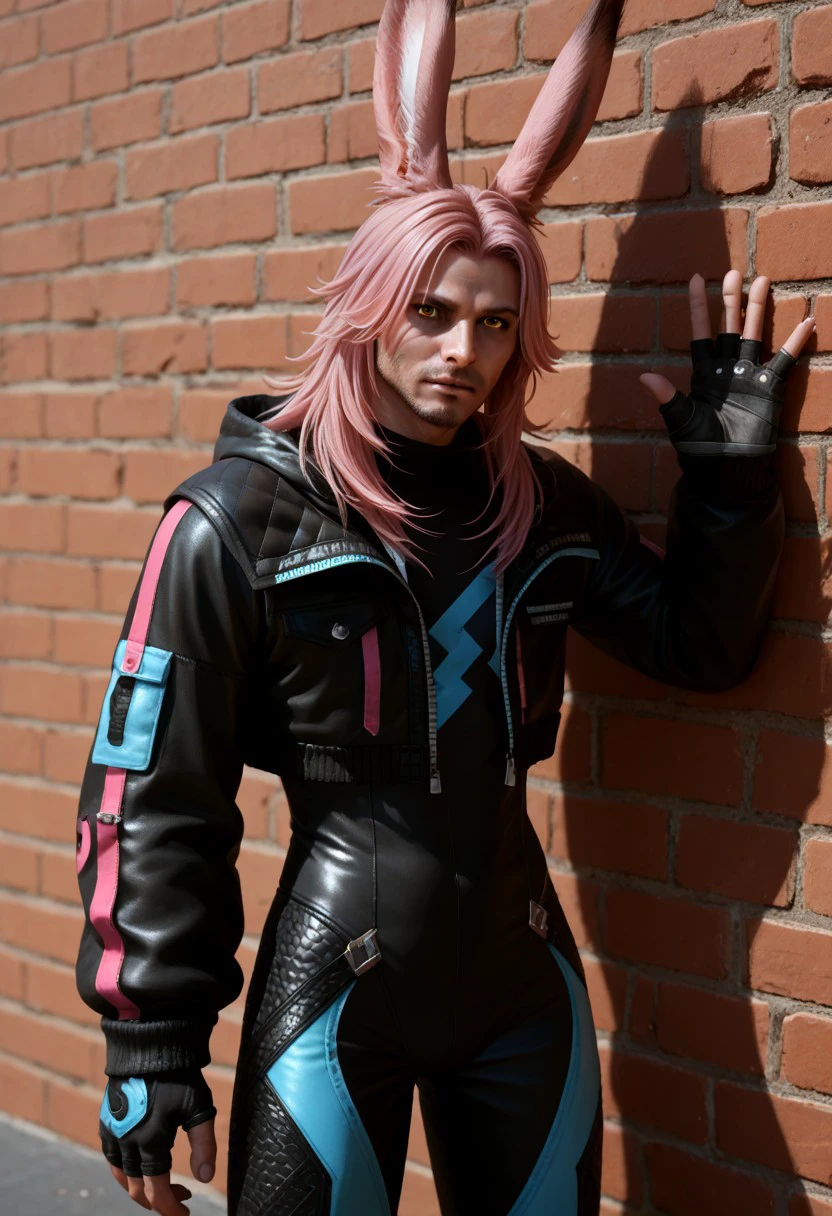 PonyXLV6_Scores BREAK V4NGU4RD, solo, 1boy, male focus, yellow eyes, pink hair, viera, gloves, fingerless gloves, animal ears, against wall, furry, looking at viewer, jacket, hood, bodysuit