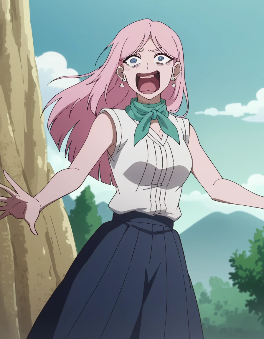 score_9, score_8_up, score_7_up, source_anime, <lora:lan-liu-s2-ponyxl-lora-nochekaiser:1>, lan liu, long hair, bangs, blue eyes, pink hair, hair behind ear, medium breasts, mature female, anime screencap, shirt, jewelry, white shirt, earrings, sleeveless, scarf, skirt, long skirt, cliff, height, rocks, nature, sky, smile, <lora:crying-aqua-ponyxl-lora-nochekaiser:1> crying aqua, crying aqua (meme), screaming, crying, crying with eyes open, tears, tongue, open mouth,, looking at viewer, solo,, cowboy shot, solo