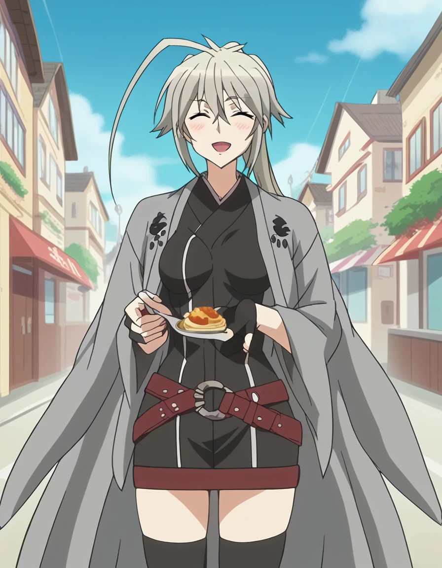 score_9, score_8_up, score_7_up, source_anime, <lora:karasuba-s1-ponyxl-lora-nochekaiser:1>, karasuba, long hair, ponytail, ahoge, grey hair, closed eyes, mature female, medium breasts, anime screencap, thighhighs, japanese clothes, belt, black thighhighs, zettai ryouiki, haori, black kimono, fingerless gloves,, town, small, streets, community, people, , <lora:incoming-spoon-ponyxl-lora-nochekaiser:1> incoming food, spoon, holding, holding spoon, food, looking at viewer, open mouth, blush, smile, restaurant, plate, hand up,, looking at viewer, solo,, cowboy shot, solo