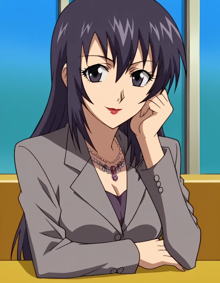 score_9, score_8_up, score_7_up, source_anime, <lora:isebelle-cronkite-s1-ponyxl-lora-nochekaiser:1>, isebelle cronkite, long hair, black hair, hair between eyes, black eyes, makeup, lipstick, mature female, medium breasts, anime screencap, jewelry, jacket, necklace, formal, suit,, train station, trains, platform, passengers, travel, , <lora:pov-across-table-ponyxl-lora-nochekaiser:1> pov across table, pov dating, restaurant, table, meal, care, cup, head rest, smile, elbow on table, food, elbow rest,, looking at viewer, solo,, cowboy shot, solo