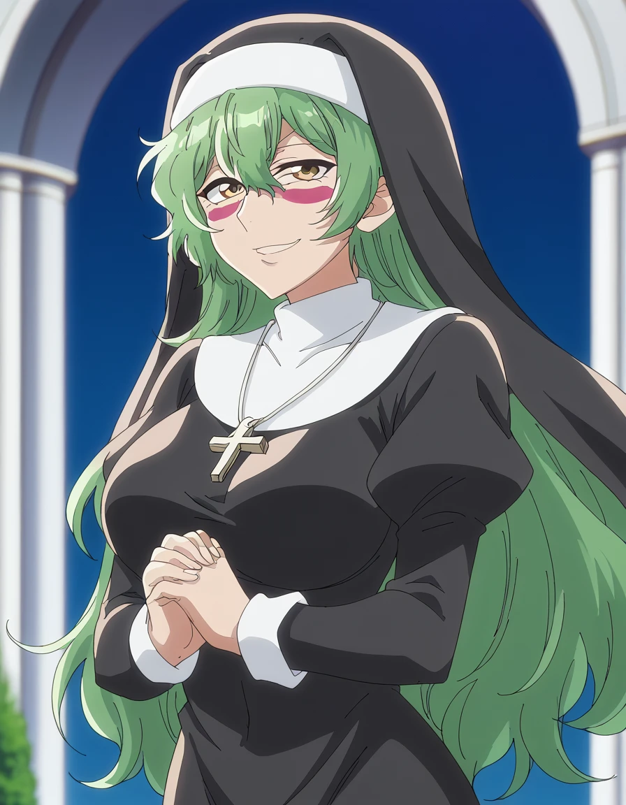 score_9, score_8_up, score_7_up, source_anime, <lora:nelliel-tu-odelschwanck-tybw-ponyxl-lora-nochekaiser:1>, nelliel tu odelschwanck, long hair, large breasts, facial mark, yellow eyes, mature female, anime screencap, <lora:traditional-nun-ponyxl-lora-nochekaiser:1>, traditional nun, nun, habit, long sleeves, dress, black dress, jewelry, black veil, cross, cross necklace,, church, smug, praying,, , cowboy shot, solo