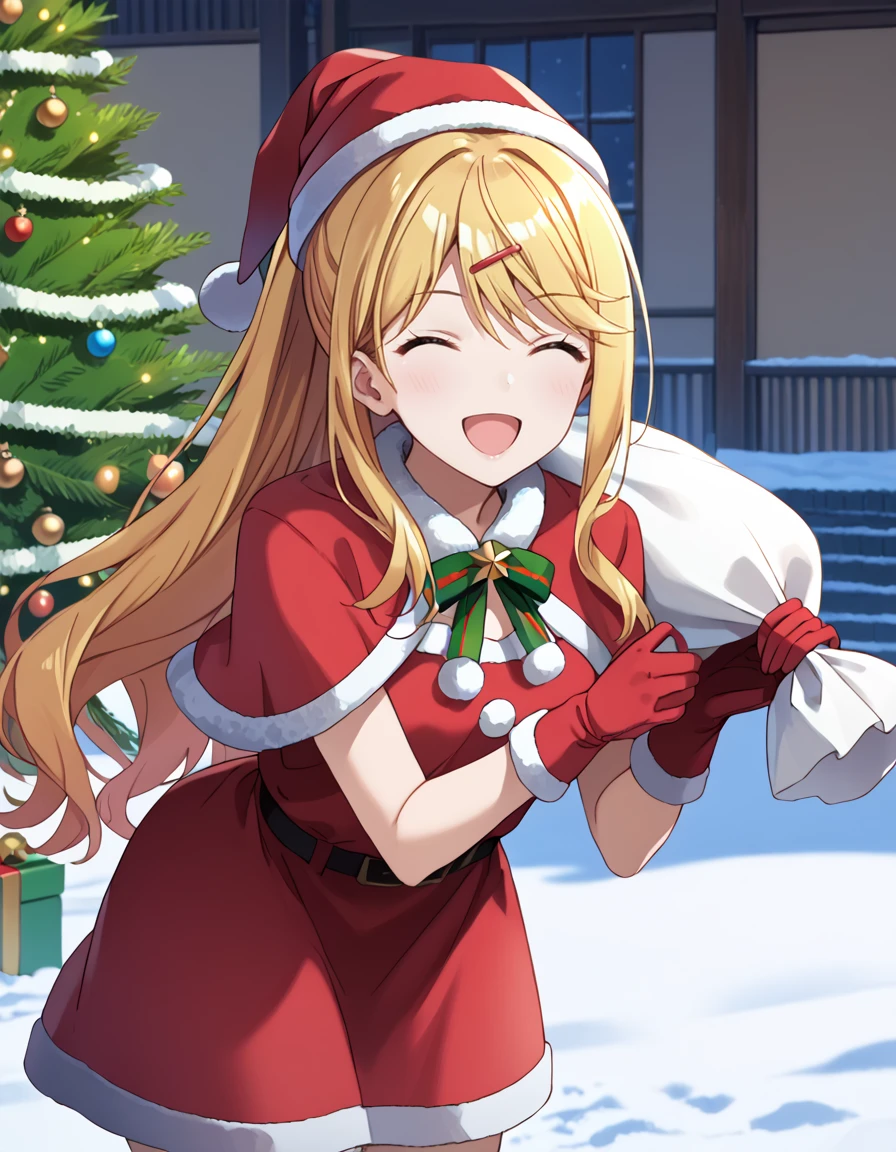 score_9, score_8_up, score_7_up, source_anime, BREAK
1girl, solo, looking at viewer, outdoors, snow, christmas, happy, open mouth,
himari ishikura (kurakon), blonde hair, long hair, hair bobbles, ponytail, side swept bangs, hair between eyes, closed eyes, red hairclip, sidelocks,
<lora:santa-costume-ponyxl-lora-nochekaiser:1>, santa costume, santa hat, christmas, sack, merry christmas, gift, fur-trimmed headwear, holding sack, santa dress, fur-trimmed dress, christmas tree, fur trim, red capelet, gift box, red gloves, fur-trimmed capelet, santa gloves, red hat, hat, presenting gift, leaning forward,
<lora:himari_ishikura-kurakon_s1-anime-soralz:1>,