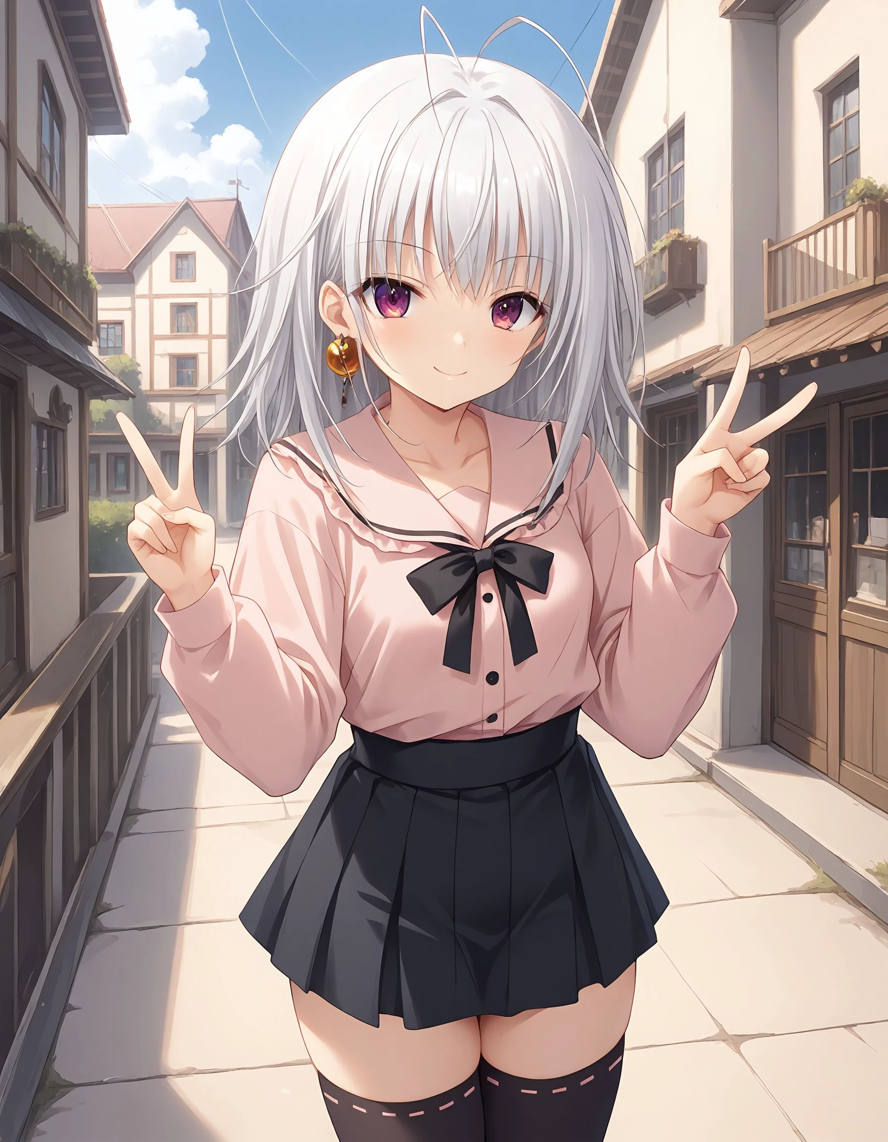 score_9, score_8_up, score_7_up, source_anime, <lora:add-detail-xl:1>, good , completely , good hand,
BREAK 1girl, standing, smile, hand up, v, outdoor, town,
BREAK <lora:tsuki-kagami Sarasara Sasara (Atelier Kaguya):0.8> tsuki-kagami, white hair, double antenna hair, medium hair, ornament on only own right ear, rufous eyes, small ,
BREAK  <lora:jirai kei_pony_V1.0:0.9> jirai kei, pink shirt, black skirt, thighhighs,