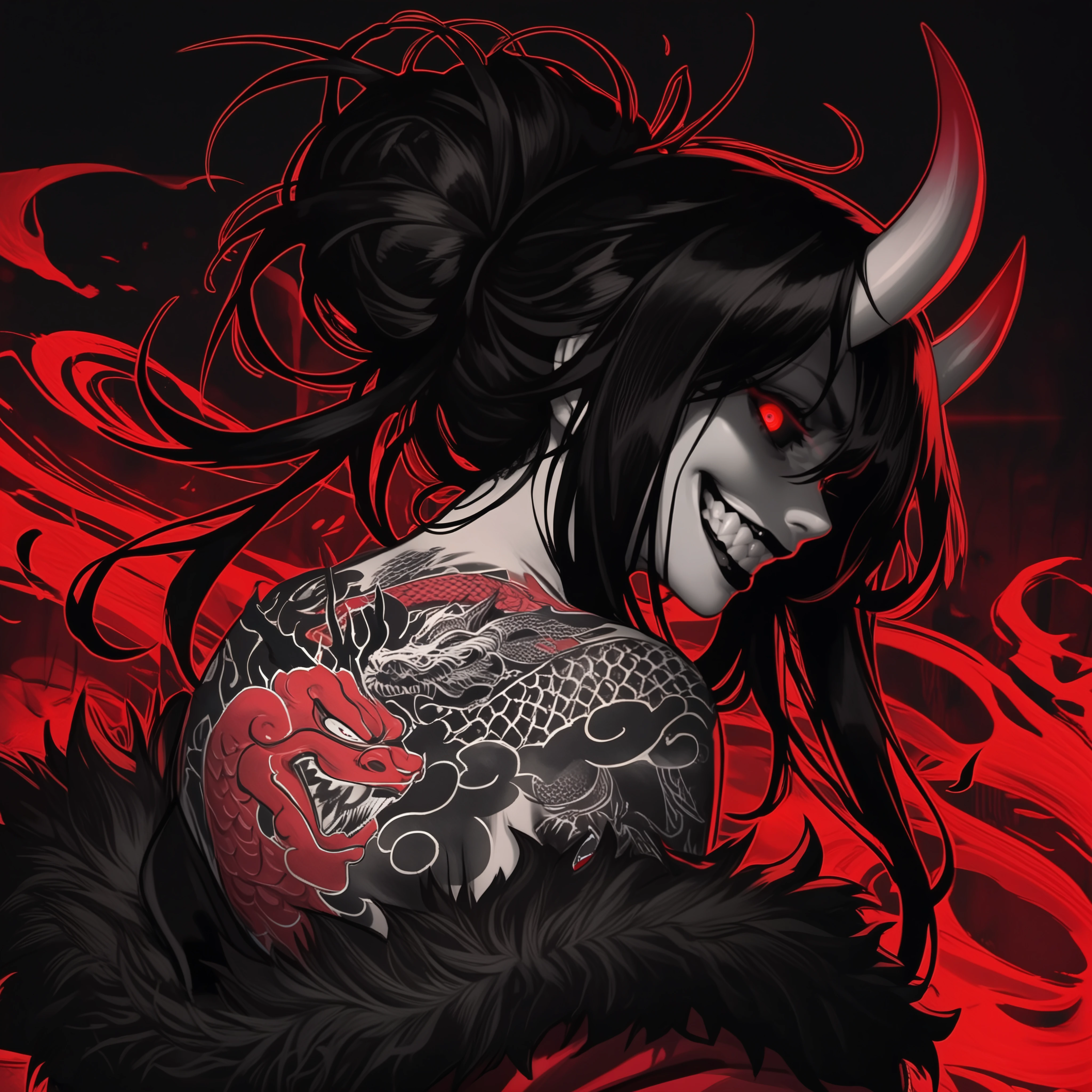 masterpiece, best quality, very aesthetic, monochrome,spot color,dark theme,dark background,1girl,upper body,looking at viewer,kimono,fur trim,off shoulder,dragon tattoo,multiple tattoos,lips,red eyes,black hair,black sclera,black lips,eye trail,shaded face,evil grin,oni horns,sharp teeth,messy hair,hair bun,crazy eyes,back tattoo