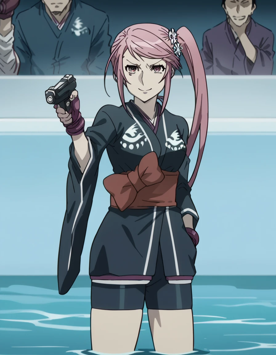 score_9, score_8_up, score_7_up, source_anime, <lora:benitsubasa-s1-ponyxl-lora-nochekaiser:1>, benitsubasa, long hair, hair ornament, pink hair, side ponytail, flower hair ornament, pink eyes, mature female, medium breasts, anime screencap, gloves, japanese clothes, fingerless gloves, kimono, bike shorts, black kimono, short kimono, bowtie,, bathtub, water, bubbles, steam, towel, smile, <lora:yusuf-dikec-ponyxl-lora-nochekaiser:1> yusuf dikec, yusuf dikec (meme), meme, hand in pocket, handgun, holding gun, gun, shirt, t-shirt, pants, audience, cowboy shot,, looking at viewer, solo,, cowboy shot, solo