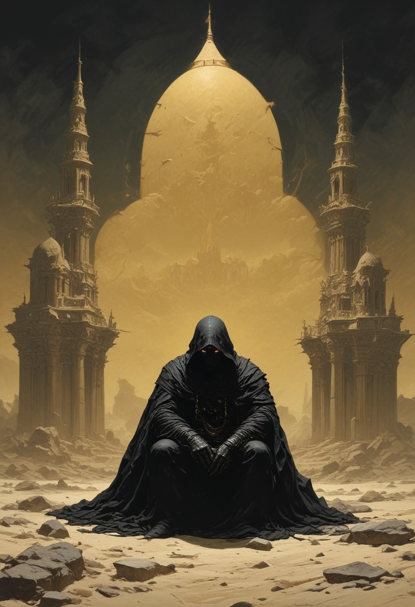 A highly detailed illustration of a black-armored figure seated on a rugged rock, head bowed and shrouded by a dark hooded cloak, with a large sword strapped to their back. The entire scene is bathed in cream-yellow tones, from the sandy ground beneath to every object in the background—a surreal landscape where walls, mosque, buildings, and all surroundings are rendered in a uniform, muted cream-yellow. The figure’s deep black armor stands in stark contrast, emphasizing its texture and the mysterious, solemn posture of the character, who appears lost in contemplation amidst a monochromatic, dreamlike setting. (Frank Frazetta fantasy oil painting, illustrated)