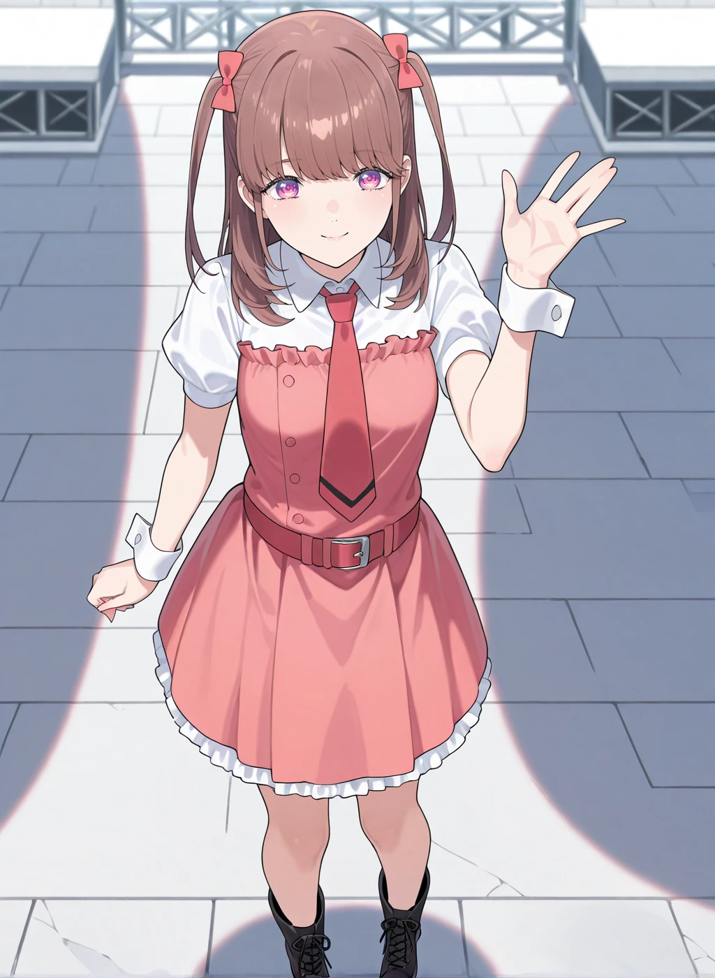 High quality,Ultra detailed,best quality,insanely detailed,beautiful,masterpiece,absurdres,very aesthetic,sensitive BREAK
1girl,solo,<lora:ichii_maina_V1_IL:1>,(ichii_maina, purple eyes, brown hair, long hair, bangs, two side up, hair bow, small breasts),(idol,white shirt,red necktie,puffy short sleeves,collared shirt,belt,dress,boots,frills,pink dress,wrist cuffs,black footwear),oshi ga budoukan itte kuretara shinu,looking_at_viewer,smile,outdoors,stage,day,in summer,waving,