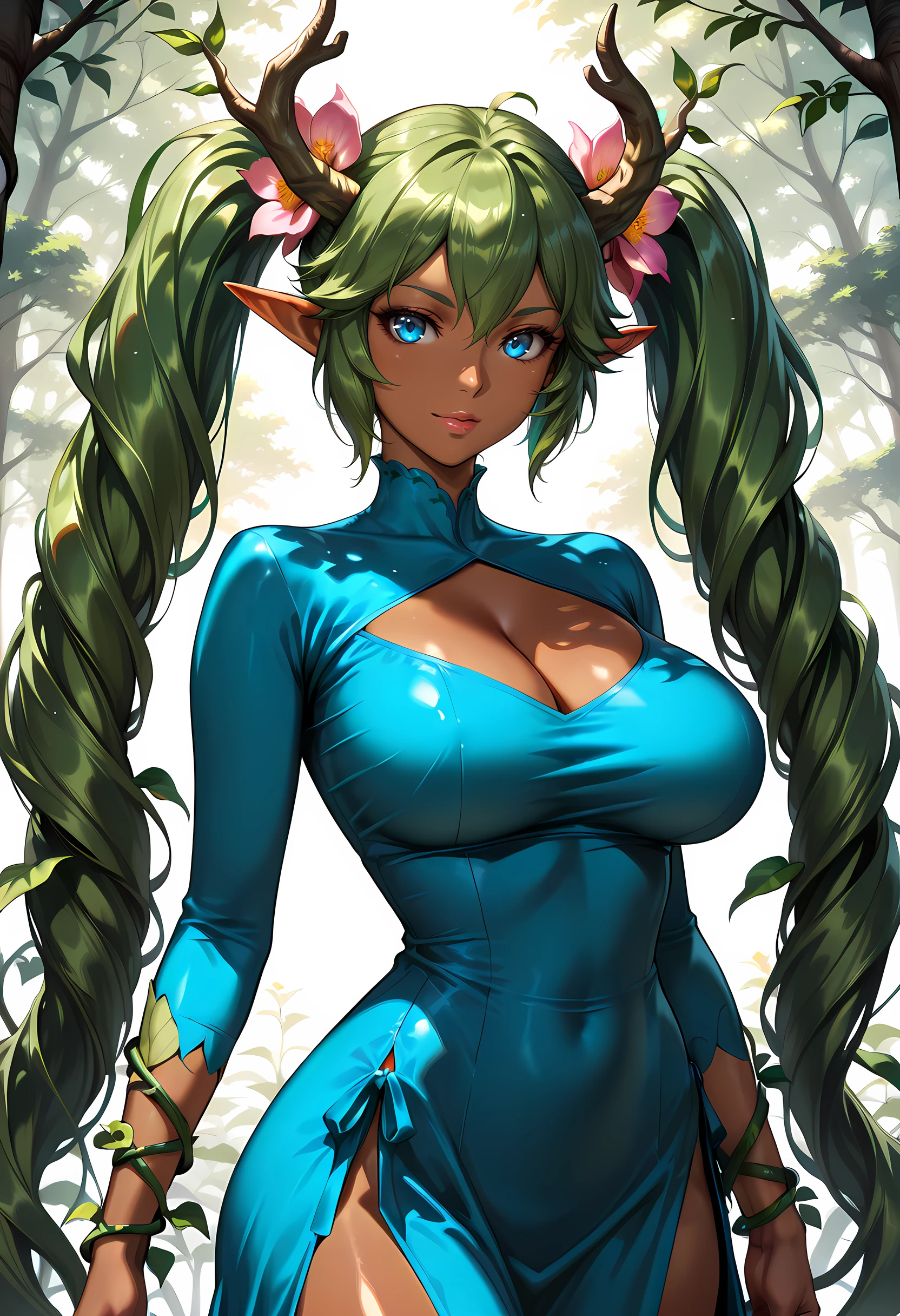 Smooth Quality - Illustrious, Masterpiece, source_anime, woman, pretty, beautiful, slim, curvy, pointy ears, dryad girl, dryad, plant girl, monster girl, vines around arms, tan skin, brown skin, small tree branch horns, flowers in hair, blue eyes, green hair, twin tails, lips, large breasts, blue dress, high neck dress, long sleeves, cleavage cutout, posing, unique pose, white background, neutral background, plain background, vivid colors, shiny and glossy, anime style, high-res, beautiful aesthetic, very intricate, high-quality details, vibrant, highly detailed, award-winning, professional,