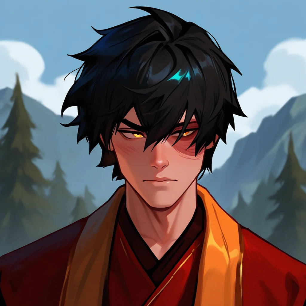 masterpiece, best quality, newest, absurdres, highres,
man, solo, zuko, black hair, yellow eyes, scar across eye, upper body, outdoors,